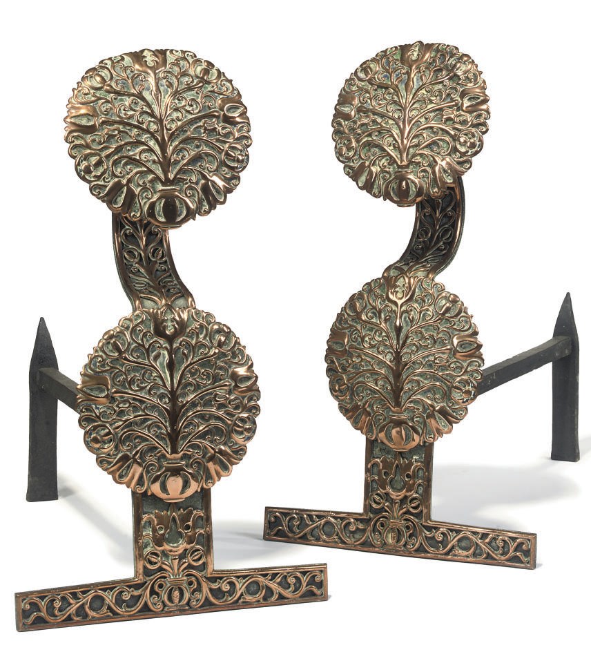 A PAIR OF ARTS AND CRAFTS BRASS AND IRON ANDIRONS