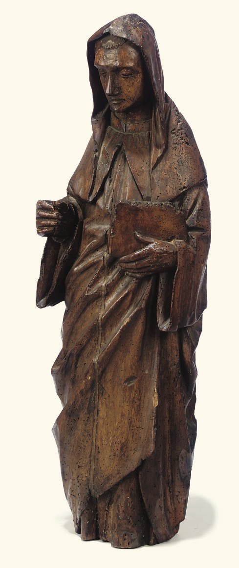 A FRENCH WALNUT FIGURE OF A FEMALE SAINT