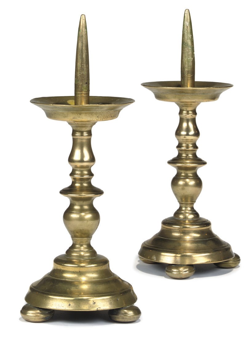 A PAIR OF FLEMISH BRASS PRICKET CANDLESTICKS
