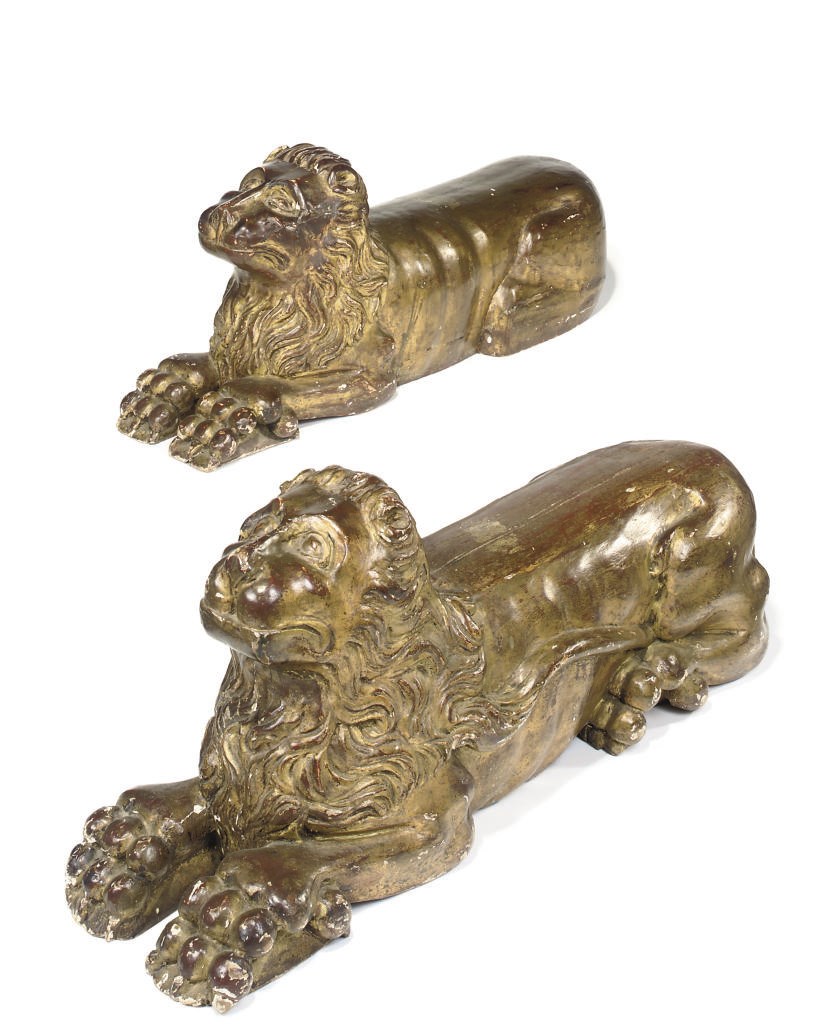 A PAIR OF ITALIAN GILT-WOOD LION MODELS
