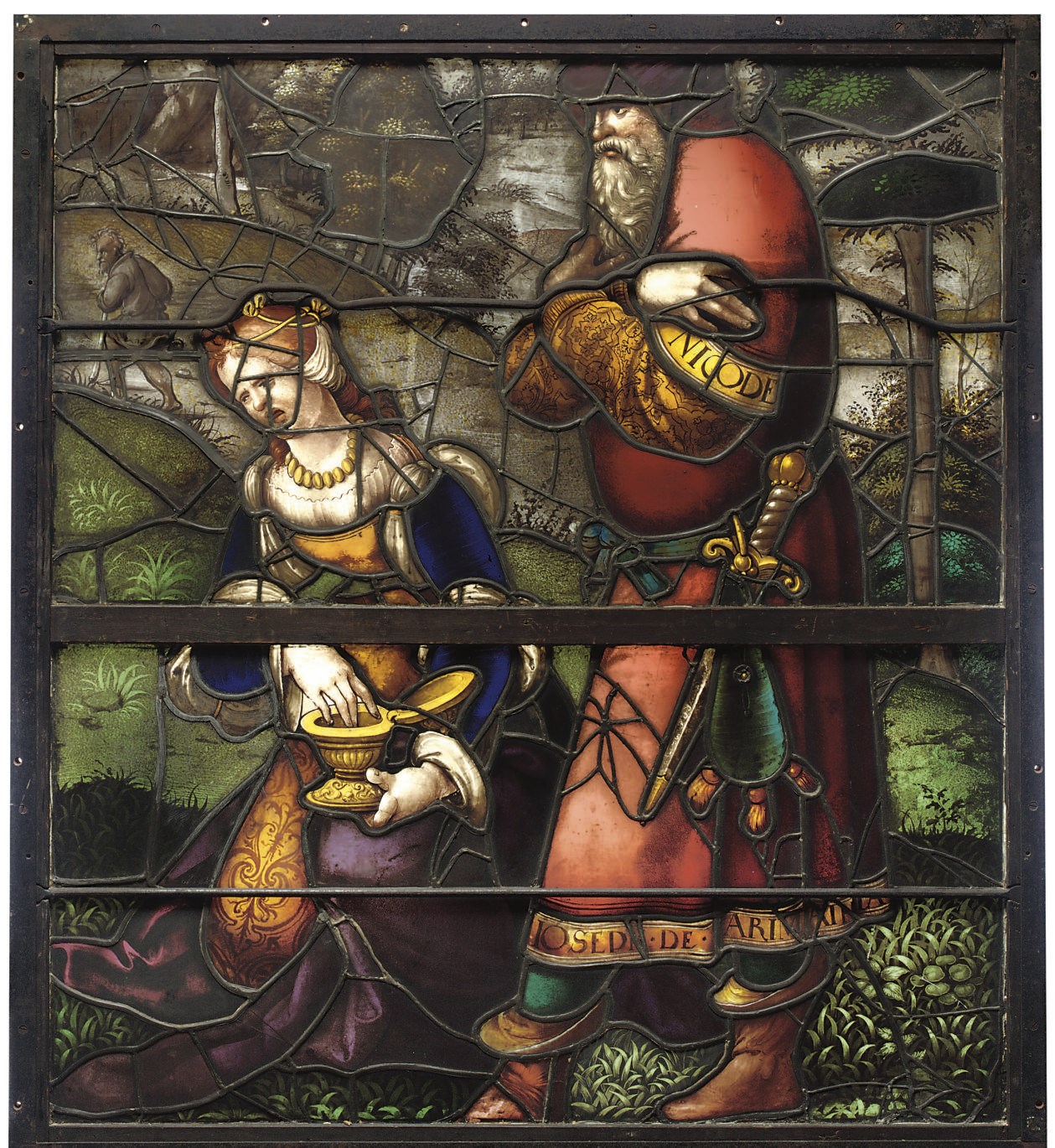 A CONTINENTAL STAINED AND LEADED GLASS COMPOSITE PANEL