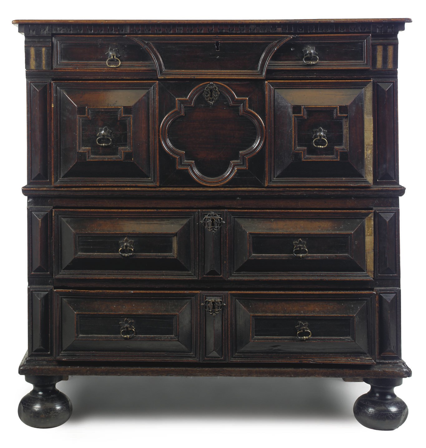 AN ENGLISH CHERRY, WALNUT AND OAK FOUR-DRAWER CHEST