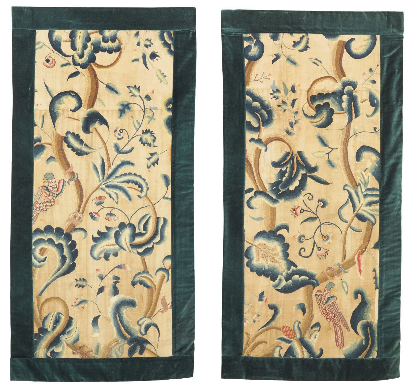 A SET OF FOUR CREWEL PANELS