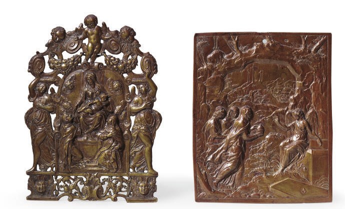 AN ITALIAN BRONZE AJOURE RELIEF DEPICTING THE VIRGIN AND CHILD ENTHRONED