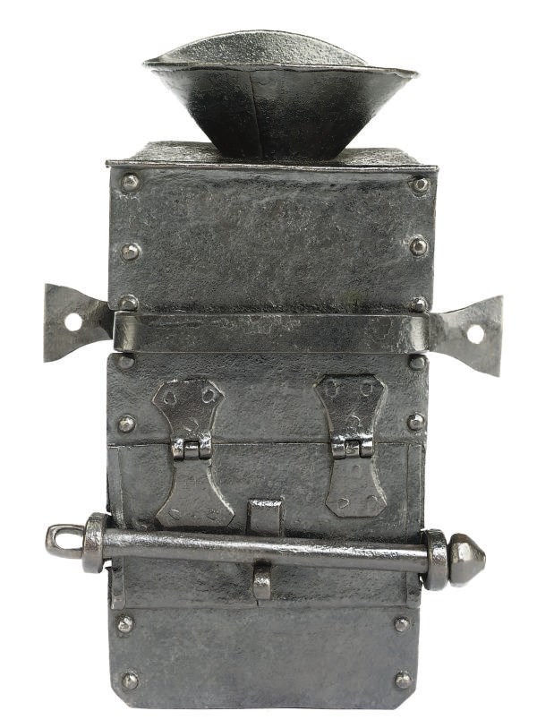 AN ENGLISH WROUGHT-IRON ALMS-BOX