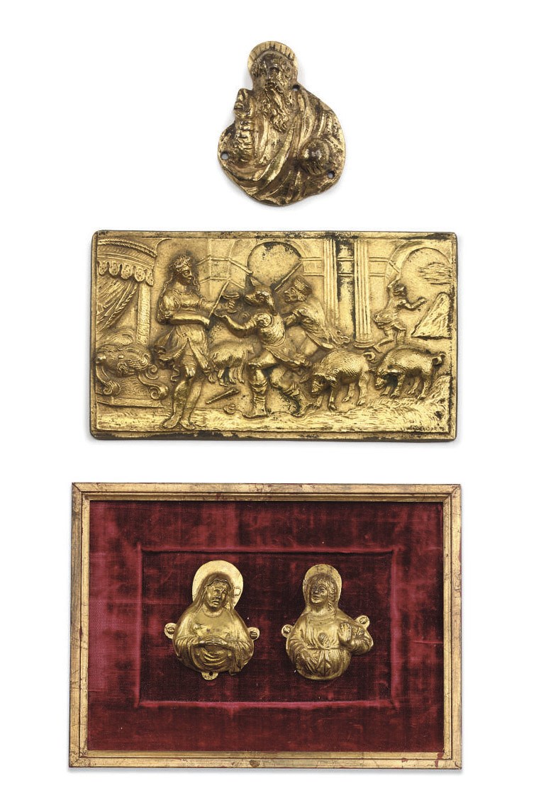 A PAIR OF ITALIAN GILT-BRONZE RELIEF PLAQUES OF SAINTS