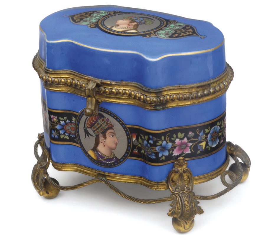 A Continental gilt-metal mounted blue-ground porcelain casket
