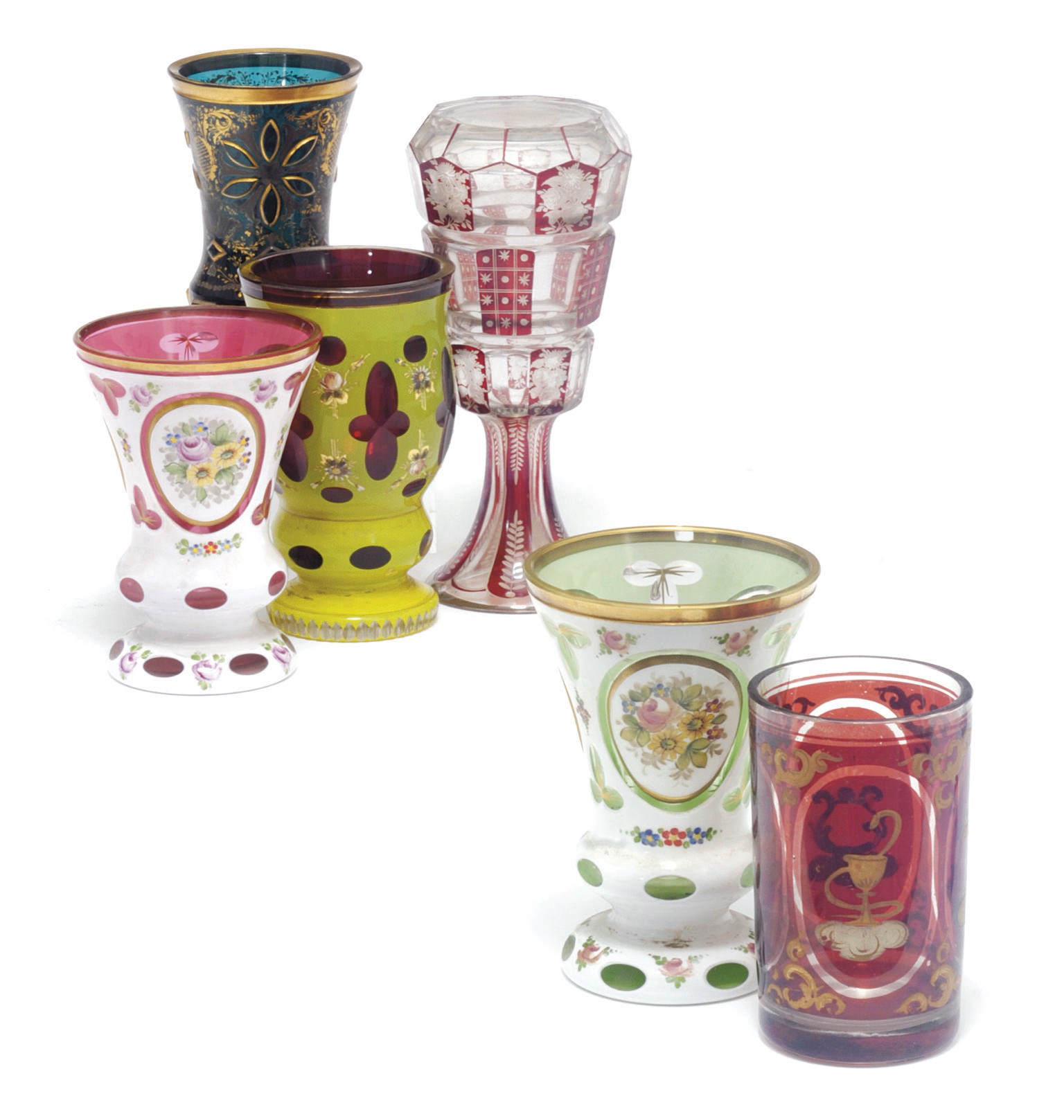 A group of six bohemian glass vases