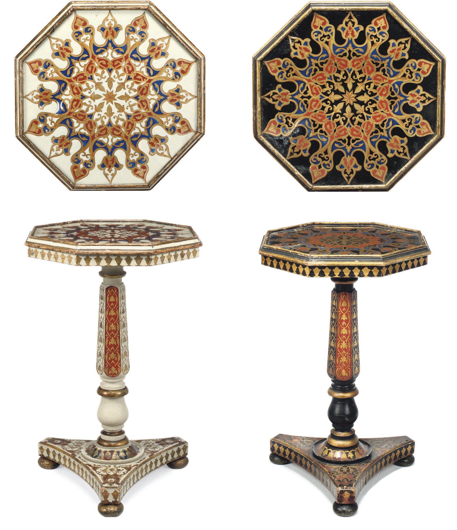 A PAIR OF VICTORIAN GILT AND POLYCHROME-PAINTED OCTAGONAL OCCASIONAL TABLES