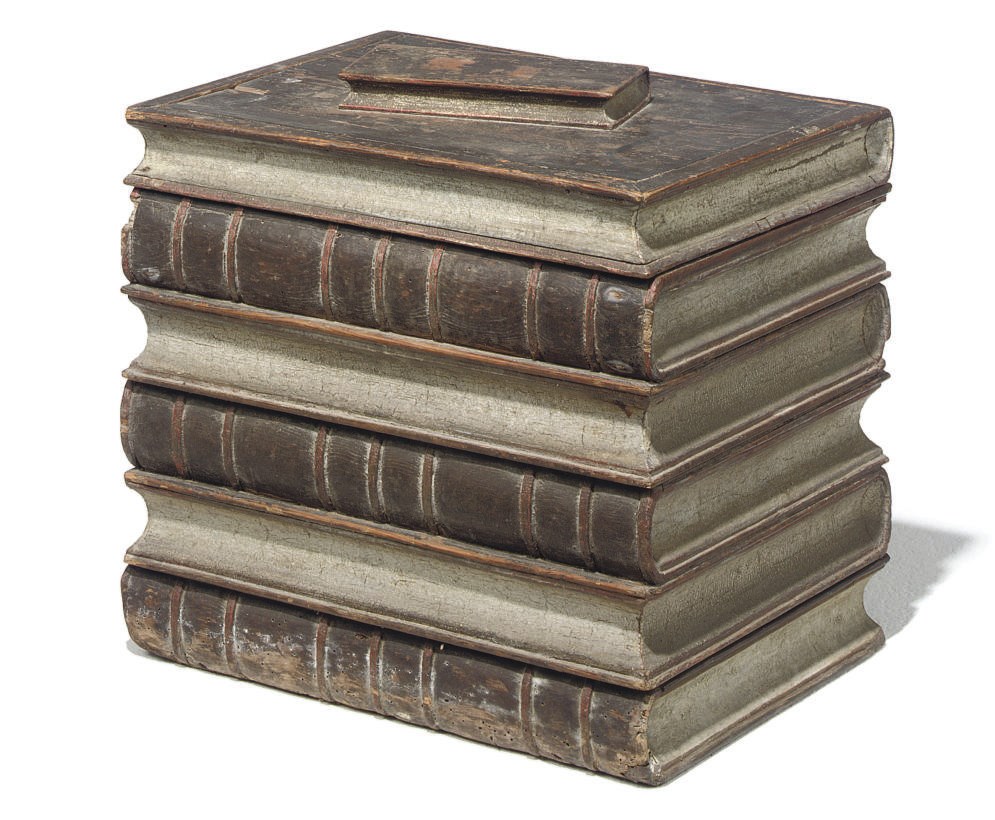 A PAINTED PINE BOX MODELLED AS A STACK OF BOOKS
