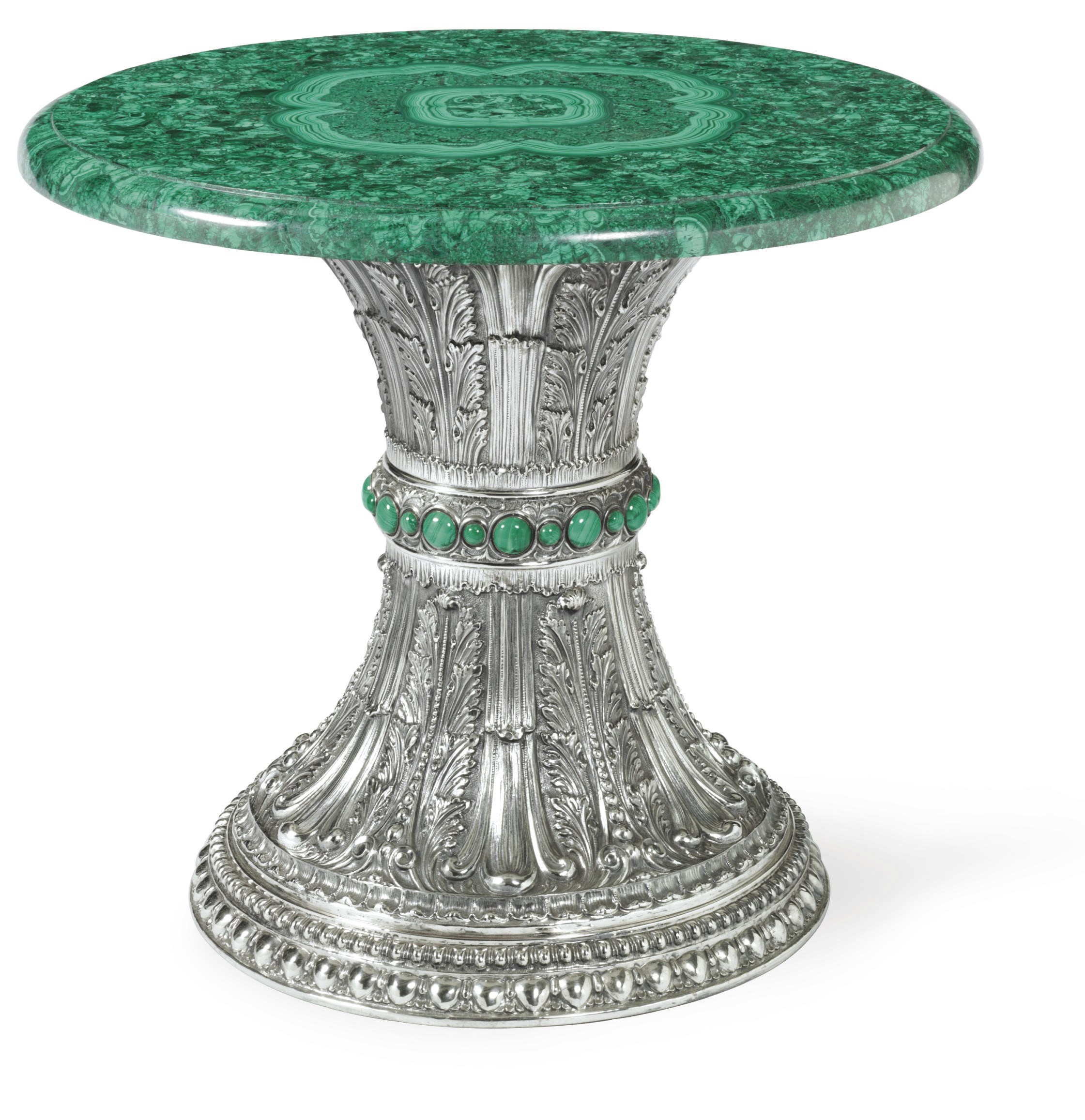 AN ITALIAN SILVER AND MALACHITE TABLE