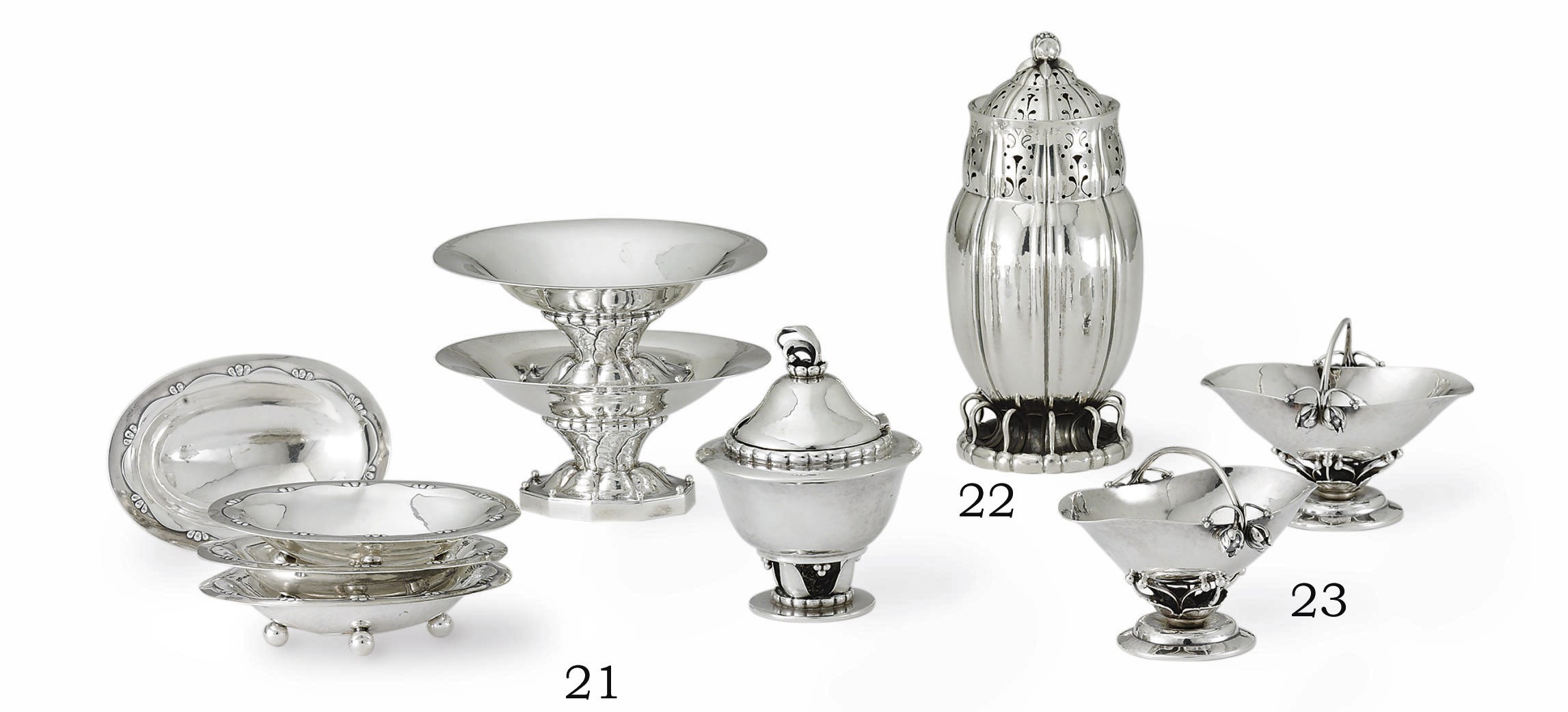 A DANISH SILVER SUGAR CASTER DESIGNED BY GEORG JENSEN