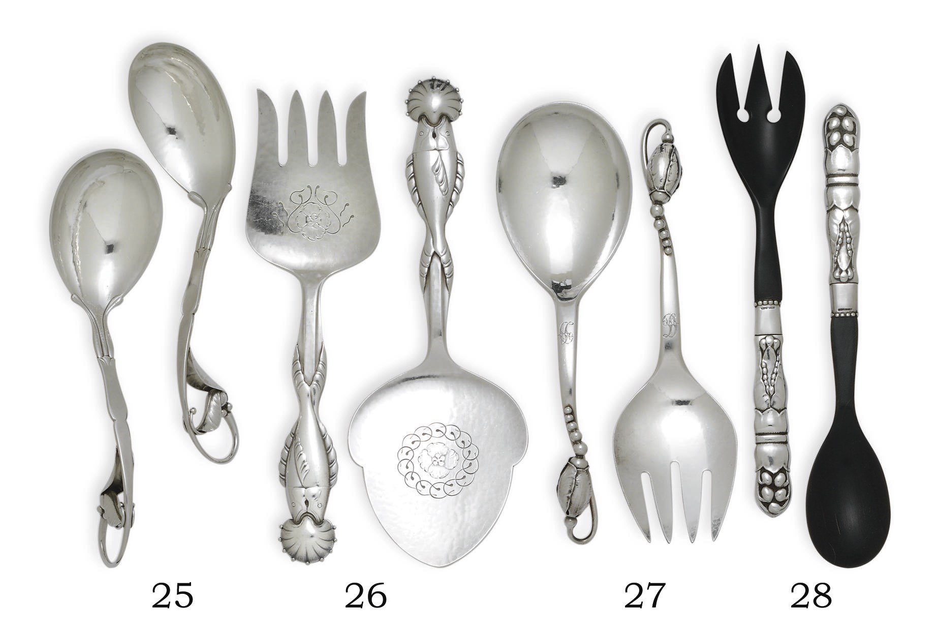 THREE SETS OF DANISH SILVER SERVING PIECES DESIGNED BY GEORG JENSEN