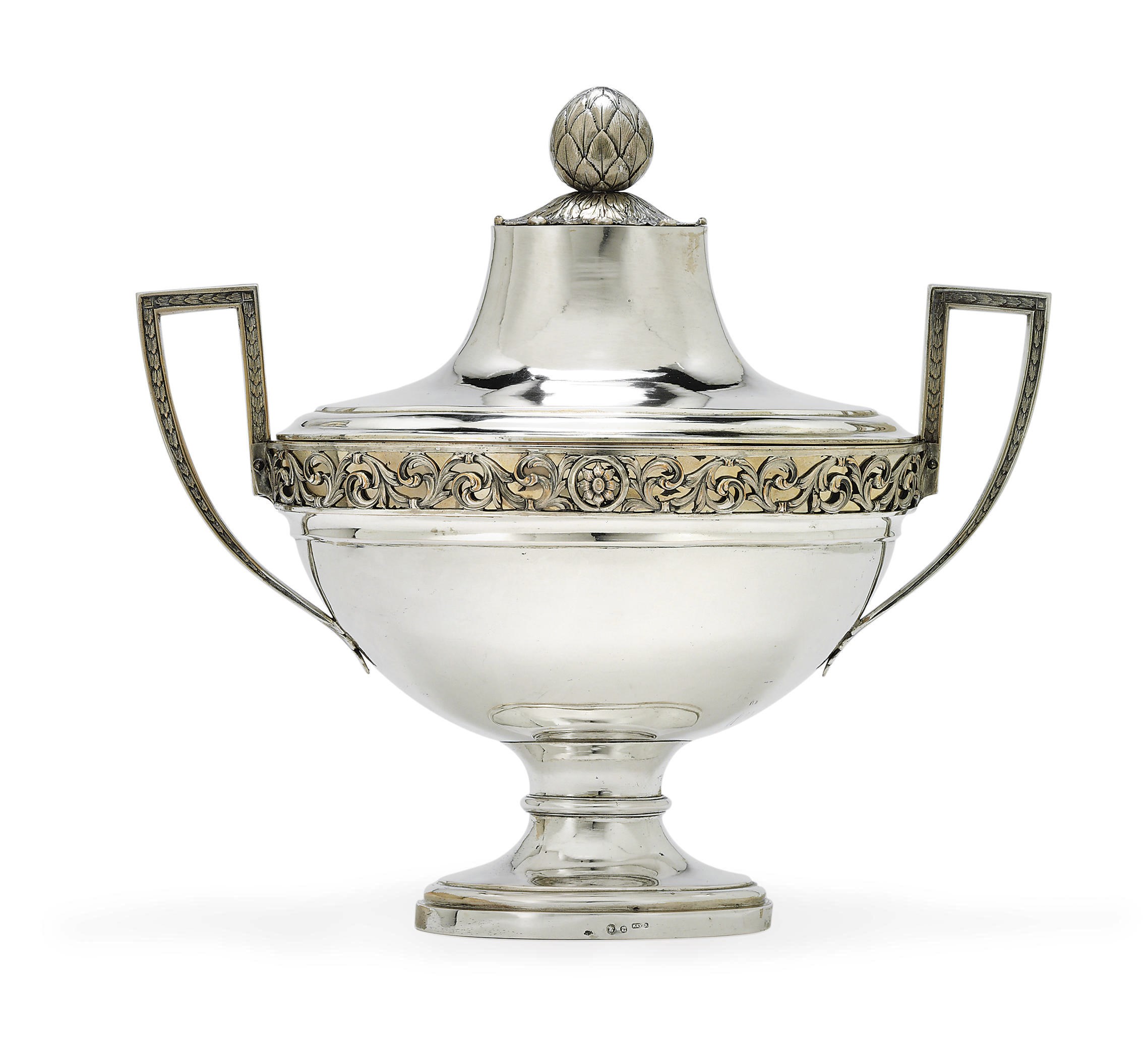 A GERMAN PARCEL-GILT SILVER SOUP TUREEN