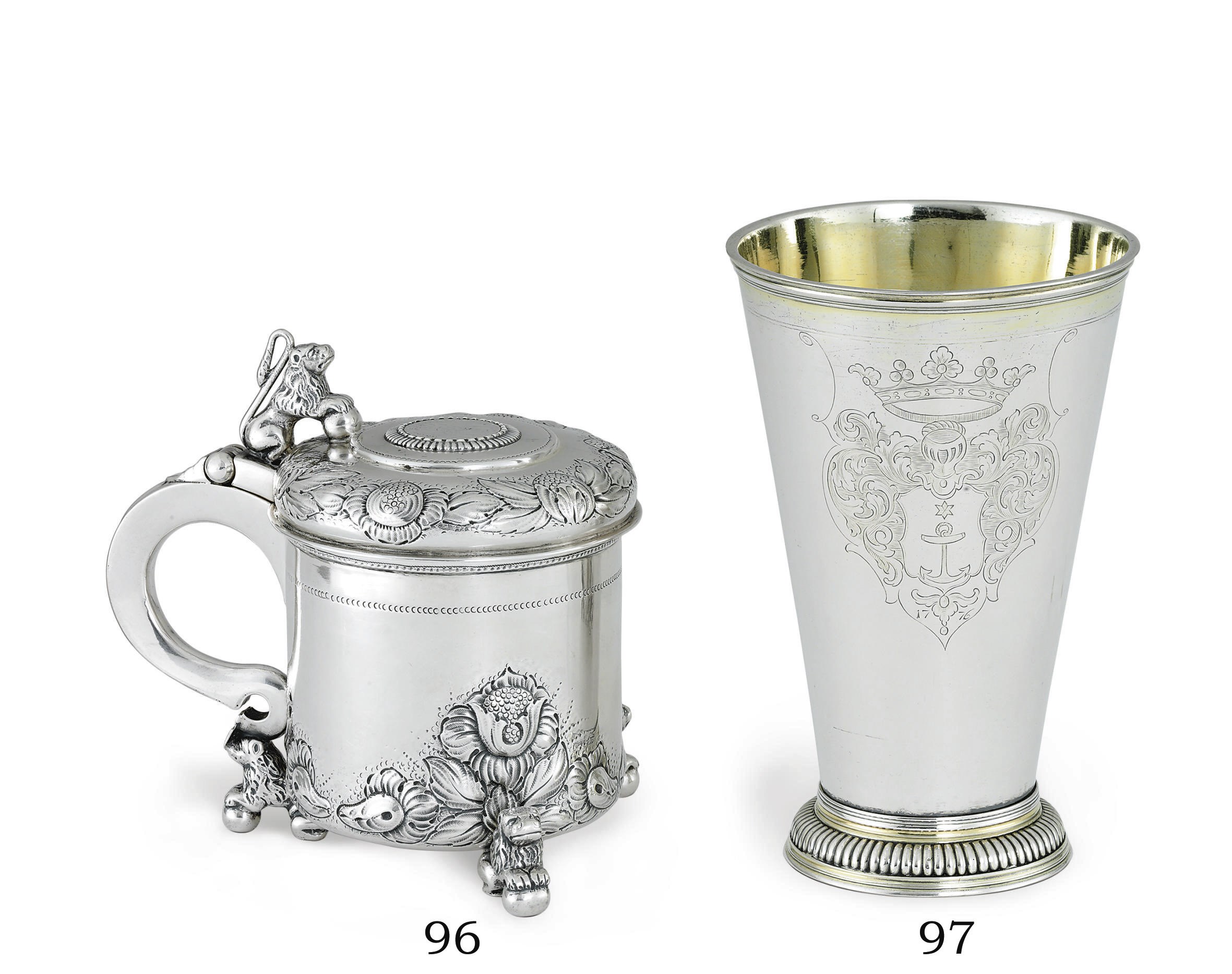 A CONTINENTAL SILVER PEG TANKARD
