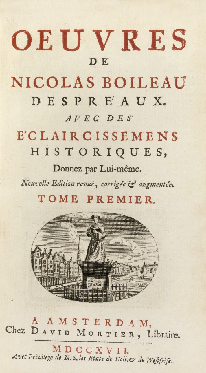 BOILEAU DESPREAUX, Nicolas (1636-1711). Oeuvres. Amsterdam, David Mortier, 1717. 4 volumes, 12° (163 x 92mm). Titles printed in red and black with engraved vignette, engraved portrait, frontispieces in volumes II-IV and 7 plates (a little waterstaining in top margins of vol.I). Contemporary French red morocco, gilt border à la Du Seuil round sides, gilt spines, inner dentelles, gilt edges (a few extremities lightly rubbed). Provenance: ? Bateman (his vicecomital bookplate). This edition not in Cohen-de Ricci.	 (4)