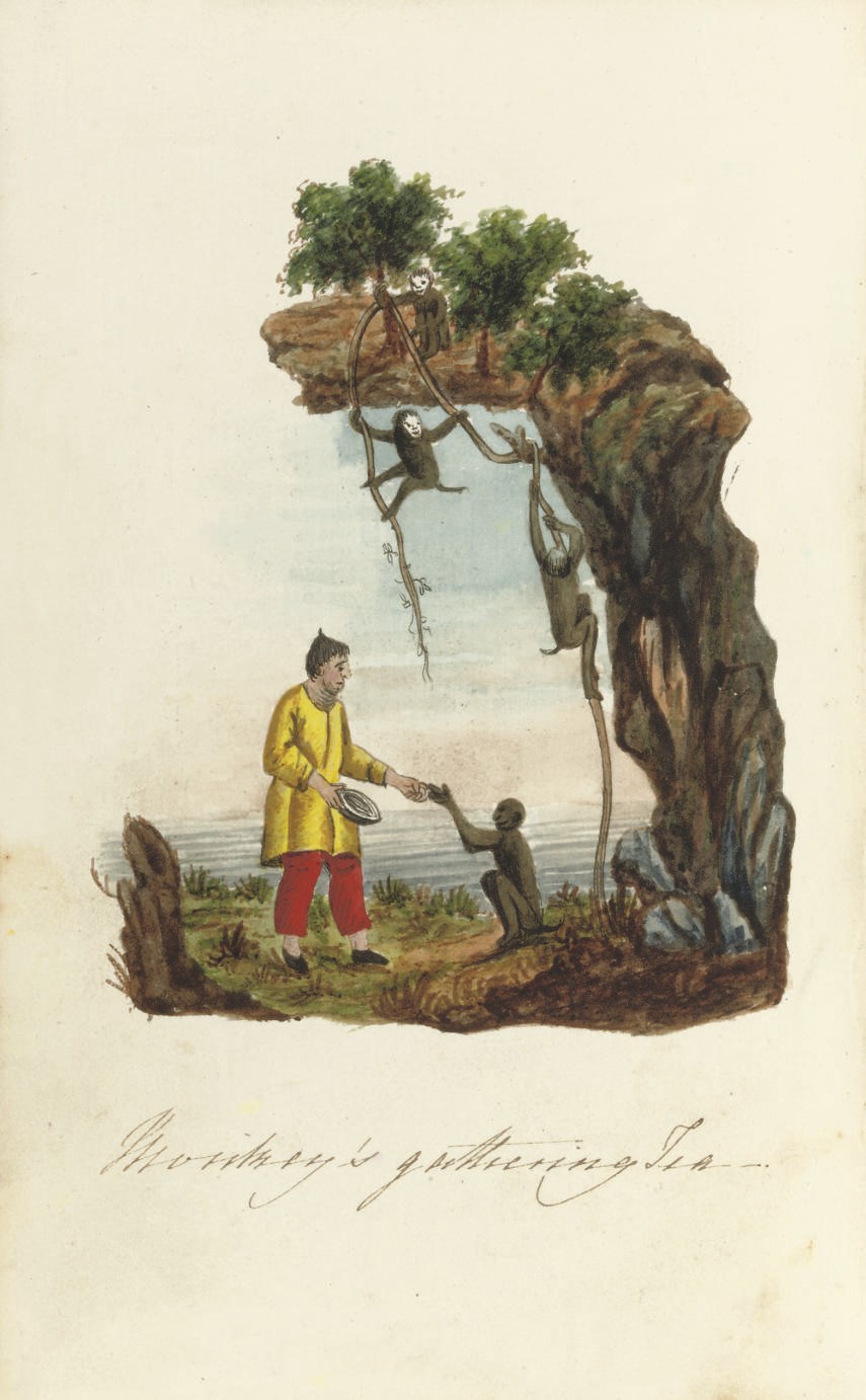 CHINESE COSTUMES -- "Chinese Costumes Manners and Natural Productions selected from the Works of Mr Berlin by HPD. 1818". Small 8° (178 x 112mm). Manuscript: title and 91pp., 24 ORIGINAL WATERCOLOURS with manuscript captions below (occasional light soiling). Contemporary green panelled morocco, sides decorated in blind and with wide gilt roll-tool border, spine lettered and decorated in gilt, green morocco pastedowns with silk central panel, silk endpapers, gilt edges (corners a little bumped). Provenance: R. Millikens (book-label).