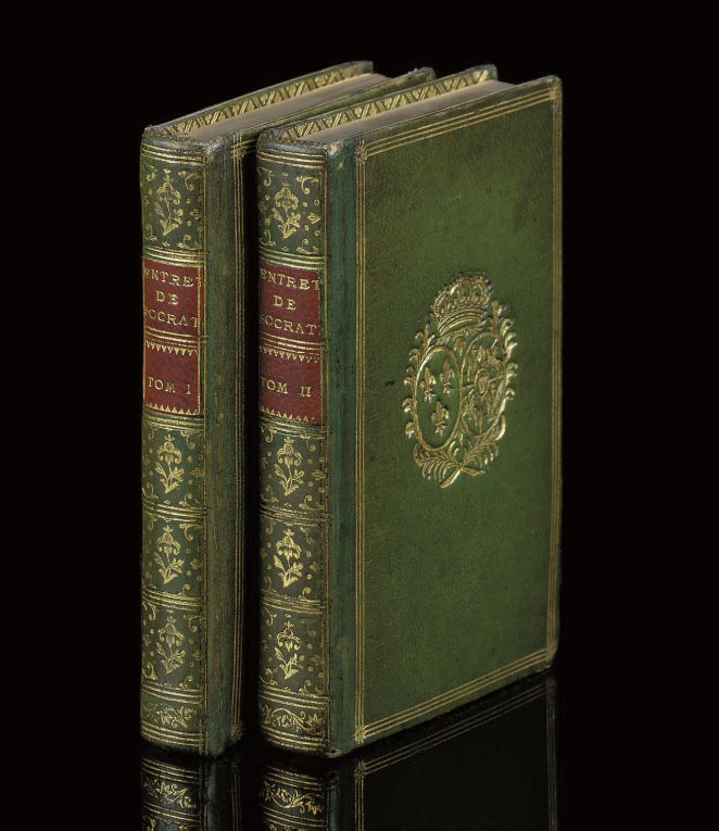 Collection des moralistes anciens. Paris: Didot l'aîné et De Bure l'aîné, 1783. 2 volumes, 12° (122 x 74mm). Contemporary green morocco, triple gilt fillet round sides with, at centre, the arms of Maria Leczinska [cf.Olivier 2507], gilt spines with red morocco lettering-pieces, inner dentelles, gilt edges.