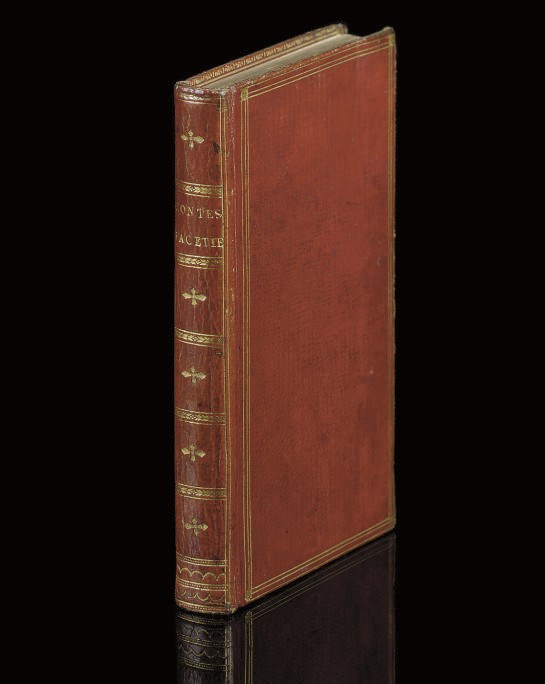 [DU FOUR, comte de]. Contes facetieux tirez de Bocace, & autres autheurs diuertissans ... et fables moralisées en prose & en vers. Paris: I. Baptiste & Henry Loyson, 1670. 2 parts in one volume, 12° (138 x 83mm). Woodcut head- and tailpieces (upper margin at beginning closely shaved, touching page number in one leaf, lower corner of first few leaves very lightly waterstained, very lightly browned throughout). 18th-century red morocco in the style of Derome, border à la Du Seuil on sides, flat spine ruled, lettered and decorated gilt in compartments, inner dentelles, gilt edges. Provenance: THE CHARLES NODIER COPY (bookplate) -- D. Bernard (bookplate). FIRST EDITION. Brunet II, 245.