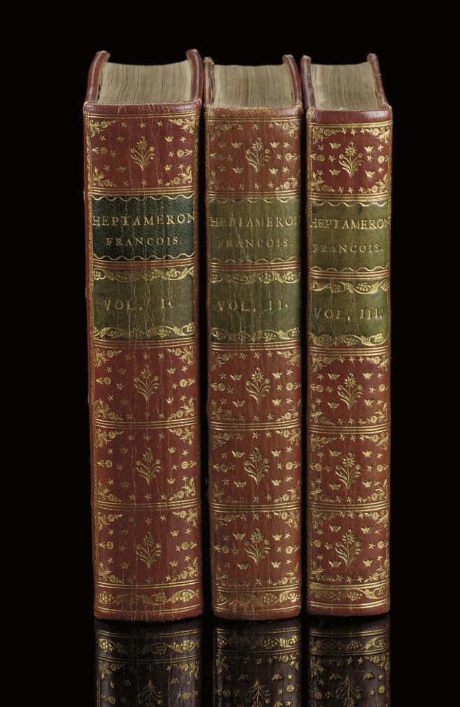 D'ANGUOLEME, Margaret, Queen Consort of Henry II, King of Navarre. Heptameron. Les nouvelles de Marguerite, reine de Navarre. Bern: chez la Nouvelle Société Typographique, 1780-1. 3 volumes, 8° (192 x 114mm). Half titles, additional engraved title by Eichler after Dunker, repeated in voumes II & III, 73 plates after Freudeberg, 72 head- and 72 tailpieces after Dunker (leaves in vol.III lightly browned, occasional spotting in all vols., light offsetting from plates). Contemporary red morocco gilt, triple fillet border enclosing the SWEDISH ROYAL ARMS on sides, triple crowns as cornerpieces, flat spines elaborately gilt in compartments, green morocco lettering-pieces, inner dentelles, gilt edges (spines very lightly sunfaded, very lightly rubbed). Cohen-de-Ricci 680-681 (mentioning this copy).	 (3)