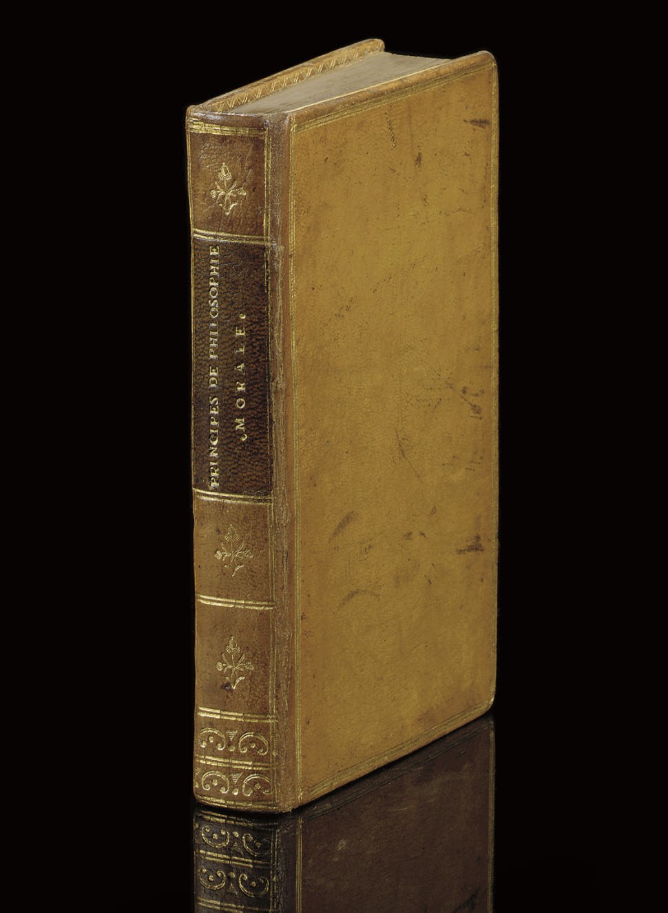 [COOPER, Anthony Ashley, Earl of Shaftesbury]. Principes de la philosophie morale. Amsterdam: Z. Chatelain, 1745. 8° (163 x 101mm). Engraved title-vignette, 2 en-têtes and 2 plates, all by Fessard after Durand (a little light discolouration and offsetting). Contemporary citron morocco, gilt line border round sides, flat spine gilt with large brown morocco lettering piece, inner dentelles, gilt edges. Provenance: Jean Gigodat (bookplate). FIRST EDITION. Barbier III, 1031-32.