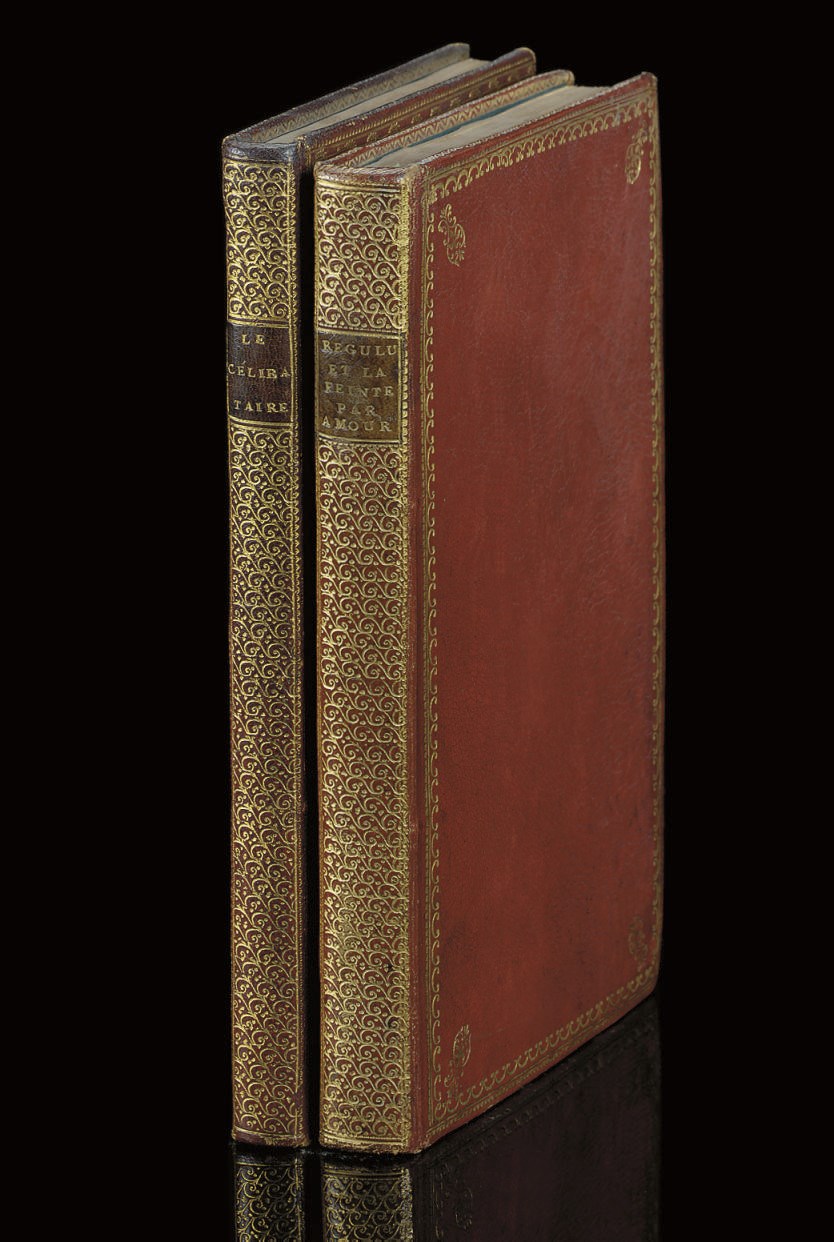 DORAT, Claude-Joseph (1734-1780). Régulus, tragédie, et la Feinte par amour, comédie. Paris: Delalain, 1773. 8° (215 x 135mm). Additional engraved title by Marillier. Contemporary French red morocco, a dentelle and drawer-handle border round sides with decorative cornerpieces, spine gilt à la grotesque with citron morocco lettering piece, inner dentelles, gilt edges. Cohen-de Ricci 321-22.