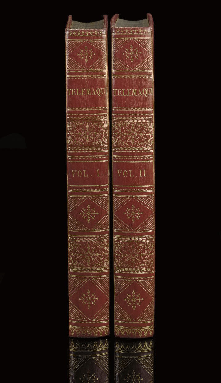 FENELON, François de Salignac de la Mothe (1651-1715).  Les aventures de Télémaque. Paris: de l'imprimerie de Monseiur, chez Didot, Barrois, Onfroy, Barrois and Delaine jeune, 1785. 2 volumes, 4° (327 x 240mm).  Half titles, additional engraved title by Montulay in volume I,  72 plates by Tilliard after Monnet and 24 engraved summaries (light browning or spotting, a little stronger in vol.II, occasional marginal offsetting). Contemporary red morocco gilt, roll-tool border on sides, inner dentelles, silk endpapers, flat spines ruled and elaborately tooled gilt in compartments, title on spines, gilt edges (spines very lightly sunfaded, small old repair on front cover of vol.I). Provenance: René Choppin (bookplate)  -- Florencio Gavito (20th-century Mexican bibliophile, bookplate).  Brunet II, 1215; Cohen-de-Ricci 384-85.