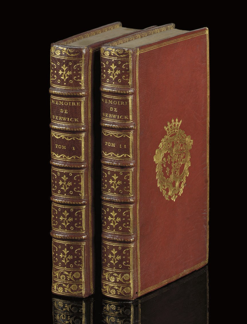 FITZ-JAMES, James, 1st Duke of Berwick (1660-1734).  Mémoires. Paris: Moutard, 1778. 2 volumes, 12°. Folding engraved map in volume II, portrait loosely inserted from another work. Contemporary French red morocco, triple gilt fillet round sides enclosing the arms of the comtesse de Savoie or the comtesse d'Artois [cf.Olivier 2517], gilt spines, inner dentelles, gilt edges. Provenance: unidentified vellum bookplate.	 (2)