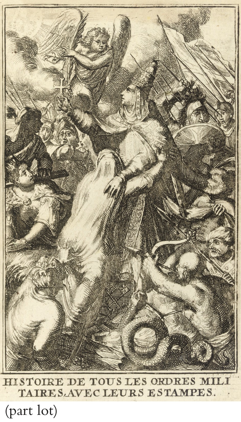 HELYOT, Pierre (1660-1716). Histoire de tous les ordres militaires ou de chevalerie. Amsterdam: H. Desbordes [and others], 1699. 2 volumes, 8° (150 x 90mm). Engraved frontispieces and 125 full-page engraved illustrations (including sub-titles) by A. Schoonebeek, several smaller engravings. 18th-century French green morocco, triple gilt fillet round sides, gilt edges, inner dentelles, gilt edges. Provenance: L. Currie (bookplate) -- A.L. McLaughlin (armorial bookplate).