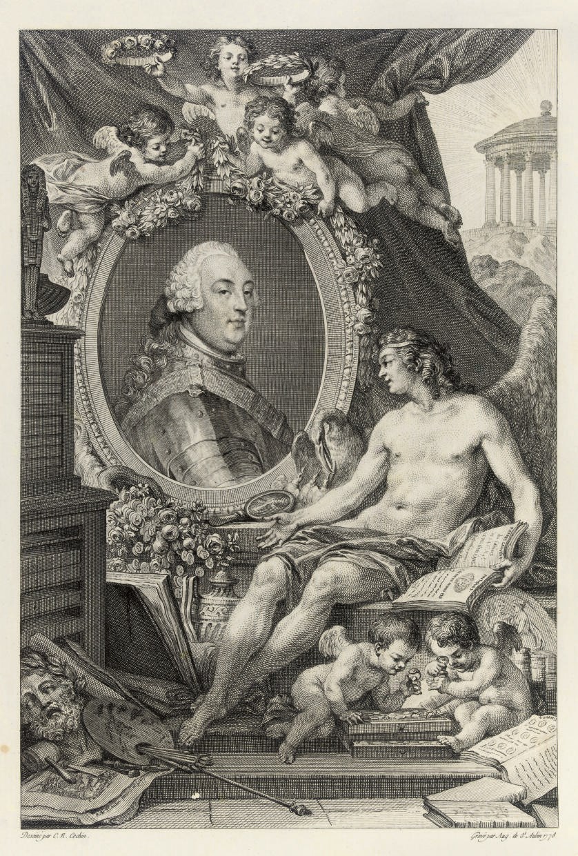 LACHAU, Geraud (Abbé de) & Abbé Gaspard Michel, called LEBLOND. Description des principales pièrres gravées du cabinet de ... le Duc d'Orléans. Paris: for Lachau & Leblond et Pissot, 1780-1784. 2 volumes, 2° (312 x 197mm). Engraved frontispiece by Charles Nicolas Cochin, title vignettes, half title in volume II, 179 plates of cameos and intaglios, 2 headpieces and 56 tailpieces, all but one designed by Augustin de Saint-Aubin, all engraved by Saint-Aubin (light circular stain in lower margin of frontispiece, a few leaves lightly browned, occasional marginal spots, light offsetting from plates, mainly from tailpieces). Contemporary French red morocco gilt, triple fillet border on sides, inner dentelles, spines with raised bands, ruled and lettered in gilt, gilt edges (lightly rubbed and a few very light scuff marks on sides). Provenance: Sir Alfred Lane Beit (bookplate). Cohen-de-Ricci 542.	 (2)