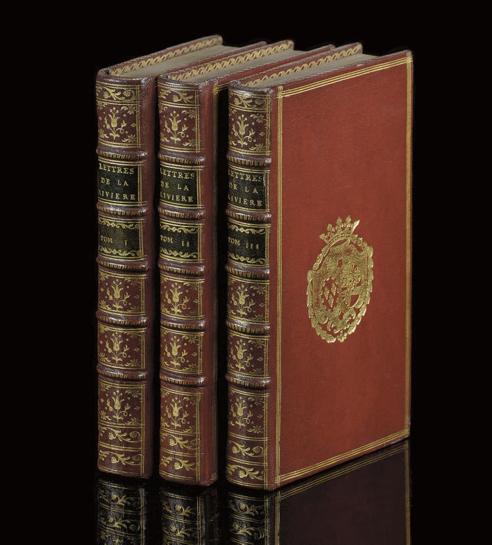 LA RIVIERE, Comtesse de.  Lettres de Madame la Comtesse de la Riviere a Madame la Baronne de Neufpont, son amie. Paris: Froullé, 1776. 3 volumes, 12° (165 x 96mm). Half titles, errata at end of each volume (last few leaves of vol.I lightly waterstained, occasional light browning, mainly in vol.II). Contemporary French morocco, triple gilt fillet round sides, arms of the comtesse de Savoie or the comtesse d'Artois [Olivier 2517], gilt spines with green morocco lettering pieces, inner dentelles, gilt edges.	 (3)