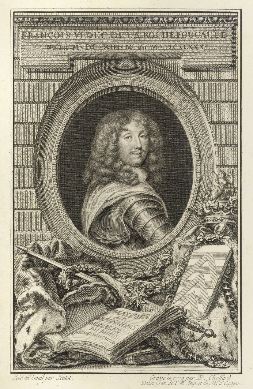 LA ROCHEFOUCAULD, François Duc de (1613-80).  Maximes et réflexions morales. Paris: de l'Imprimerie Royale, 1778. Small 8° (191 x 121mm). Engraved frontispiece portrait by Choffard after Peatot, LARGE PAPER COPY (a few marginal spots). Contemporary French red morocco gilt, covers ruled in a geometrical design, flat spine ruled and lettered gilt with gilt flower in centre of each compartment, inner dentelles, silk endpapers, gilt edges. Provenance: FRANCIS KETTANEH (bookplate). Cohen de-Ricci 600-601.