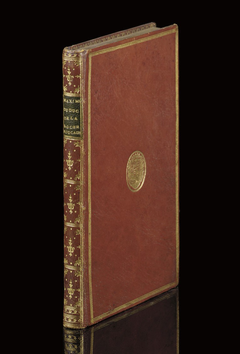 LA ROCHEFOUCAULD, François, duc de (1613-1680). Maximes et réflexions morales. Paris: Imprimerie Royale, 1778. Contemporary French red morocco, triple gilt fillet round sides enclosing a small coat-of-arms, gilt spine with green morocco lettering piece, inner dentelles, gilt edges.