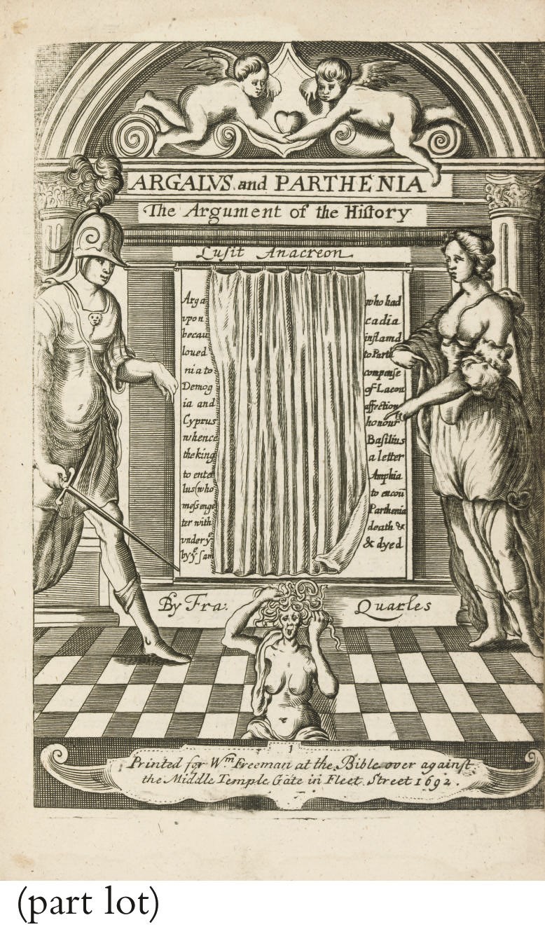 LONGUS. Poimenikon ton kata Daphnin kai Chloen, biblia tettara [graecè]. Longi pastoralium de Daphnide et Chloe libri quatuor, edited by Petrus Moll. Franeker: J. Arcer, 1669. 4° (200 x 146mm). Title printed in red and black, title and text in Greek and Latin, EXTRA-ILLUSTRATED with 27 plates from the Paris, 1714 edition called 'l'édition du Régent', plates engraved by B. Audran after Philippe le Régent, duc d'Orléans, without (as often) the last plate entitled 'Les petits pieds'. Contemporary English red morocco, gilt crest in compartments of spine with black label, gilt border round sides composed of small flower-tools, tupils, pointillé of dots, etc. enclosing a large diamond made up of small tools, gilt edges, gilt turn-ins (head of spine chipped, joints and corners rather worn, slight signs of wear on front cover).