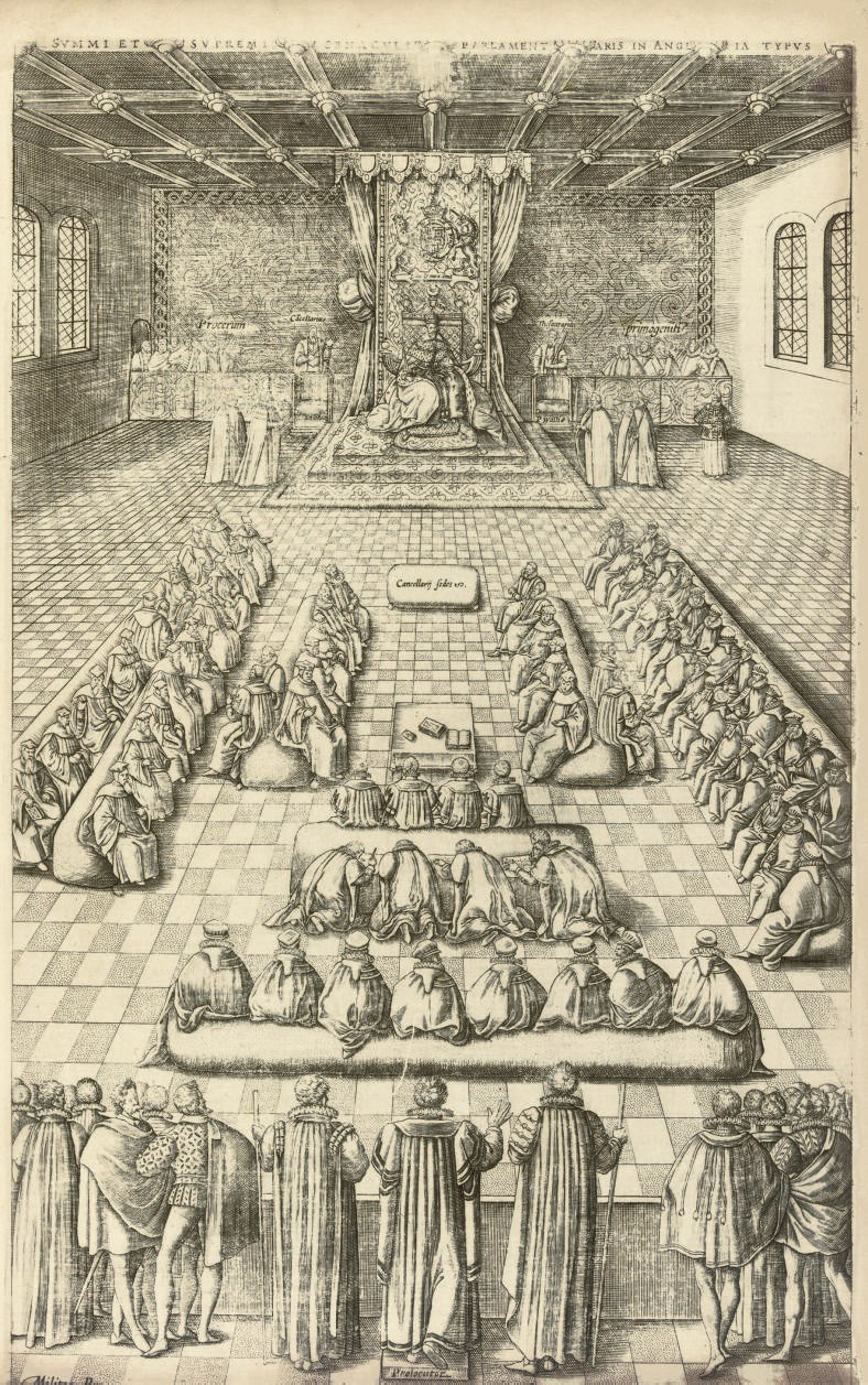 MILLES, Thomas (?1550-?1627).  The Catalogue of Honor or Tresury of True Nobility.  Peculiar and Proper to the Isle of Great Britaine. London: Printed by William Jaggard, 1610. 2° (310 x 205mm). Elaborate allegorical title by Renold Elstracke with Royal coat-of-arms, engraved plate of 'The manner of sitting in the upper house of Parlament [sic]', 8 full-page costume portraits, numerous woodcut coats-of-arms, headpieces and initials, 25 sectional titles with woodcut vinework borders, errata leaf in three columns at end (foredge of general title trimmed with slight loss and fraying, plate trimmed at low edge with slight loss, light ink staining to the table, some mainly marginal staining and repairs, a few small rust-holes). Contemporary calf (rebacked and recornered, rubbed, new endpapers). Provenance: some early annotations and underlining; some later pencil annotations. STC 17926; Lowndes IV, 1552: "An elaborate and judicious work ..." A passage relating to Charles Blount, the Earl of Devonshire's, "naturall children" is often excised from folios 393-4 but not in this copy.