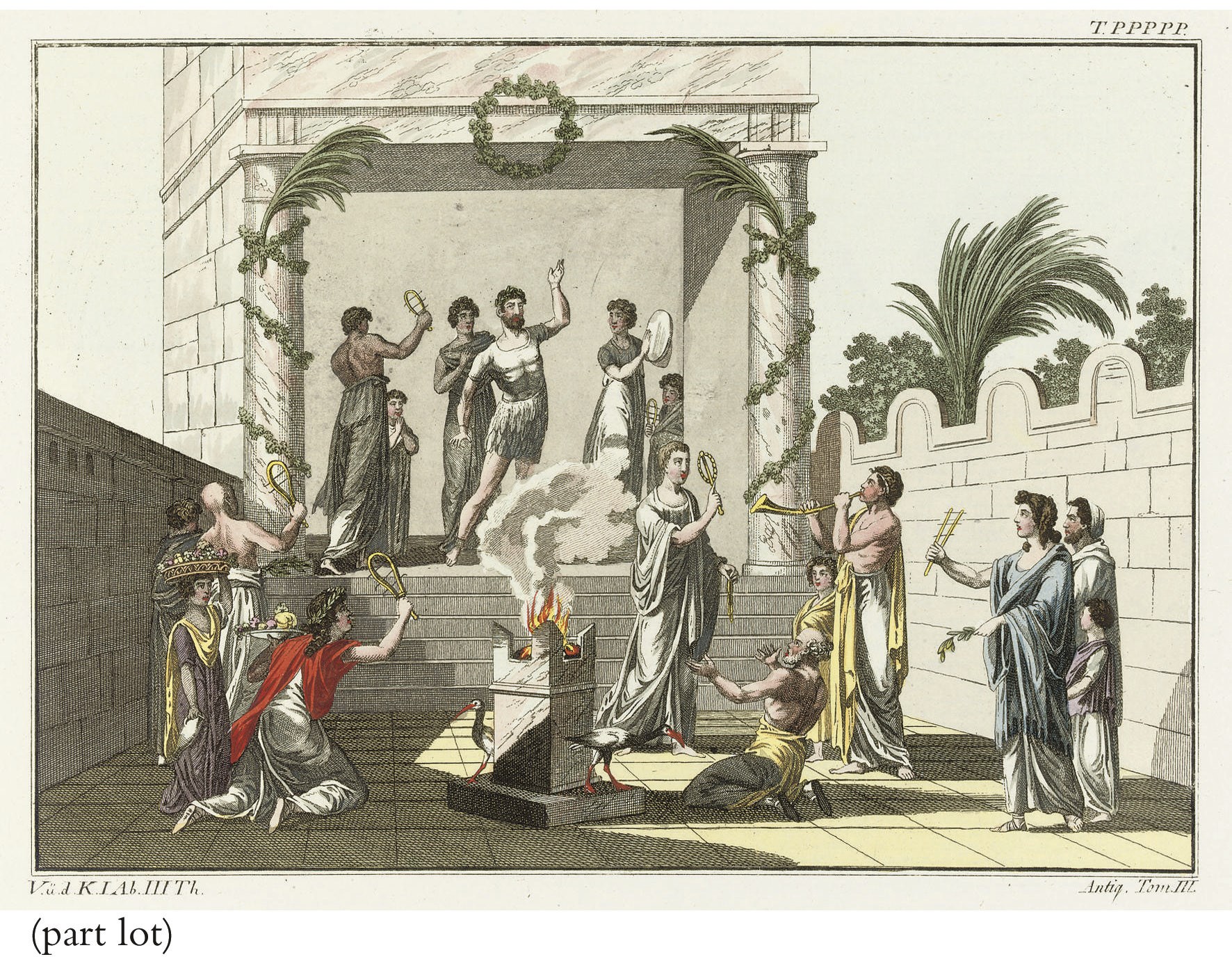 SPALLERT, Robert de.  Tableau historique des costumes, des moeurs & des usages des principaux peuples de l' antiquité & du moyen âge. Metz: chez Collignon, 1804-06. 9 volumes bound in 8 comprising 7 8° vols. and 2 oblong 4° (230 x 355mm) atlas vols. bound in one. 8° volumes: 240 hand-coloured engraved plates. The atlas volume: Hand-coloured engraved frontispiece, map of the world, and 188 plates. 19th-century calf-backed marbled boards (extremities rubbed, lower joints of atlas vol. splitting). Colas 2784; Vinet 2109. Sold as a collection of plates, not subject to return. See illustration on the following page.