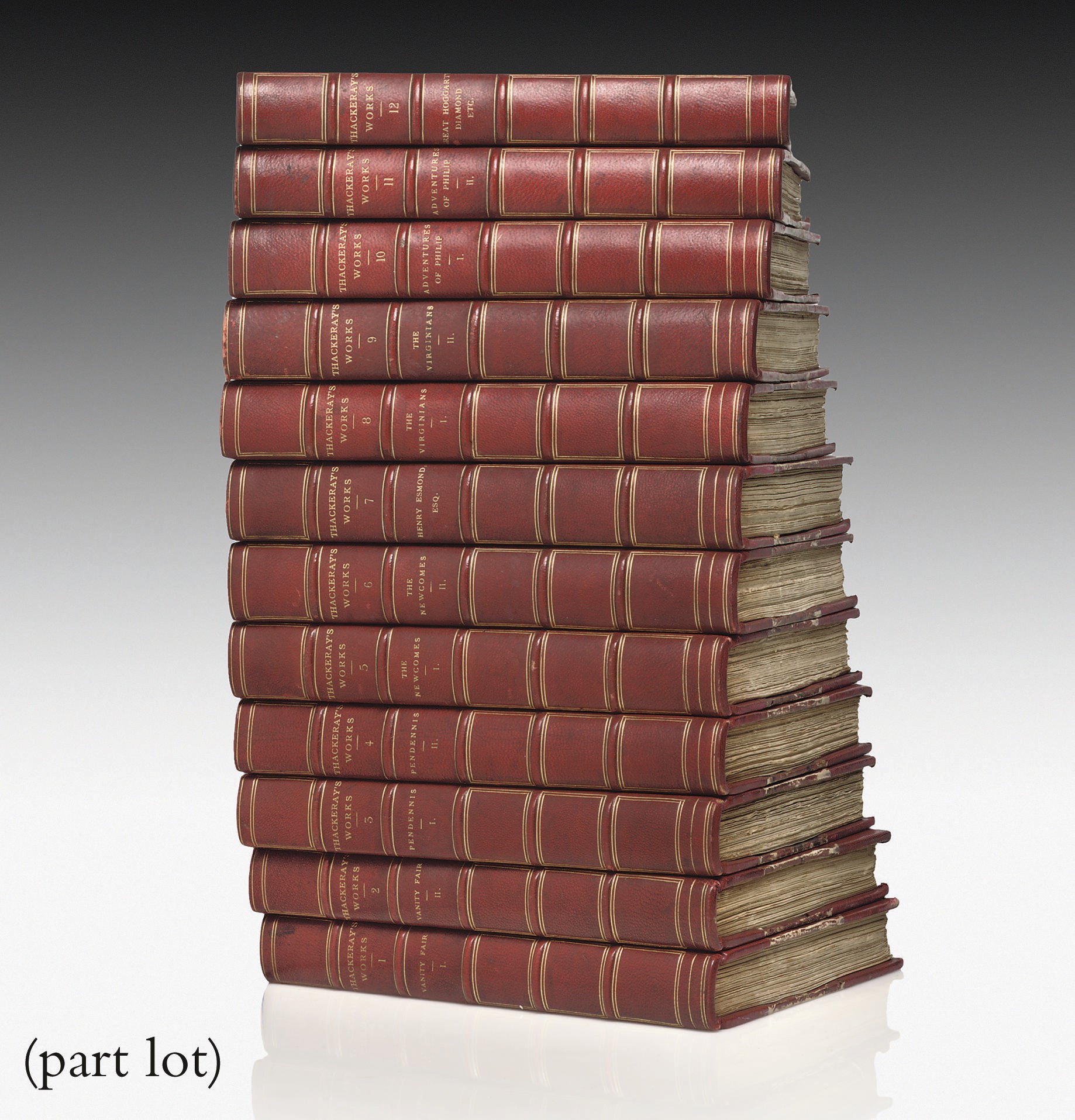 THACKERAY, William Makespeace (1811-63).  The Works. London: Smith, Elder, & Co., 1894. 26 volumes, 8°. Half titles, wood-engraved illustrations. Finely-bound in later red half morocco gilt by Henderson & Bisset, spines gilt in compartments, top edges gilt, others uncut (extremities lightly rubbed). With John Dryden's The Works (London, 1808, 18 vols.). Sold as a collection of bindings, not subject to return.	 (26)