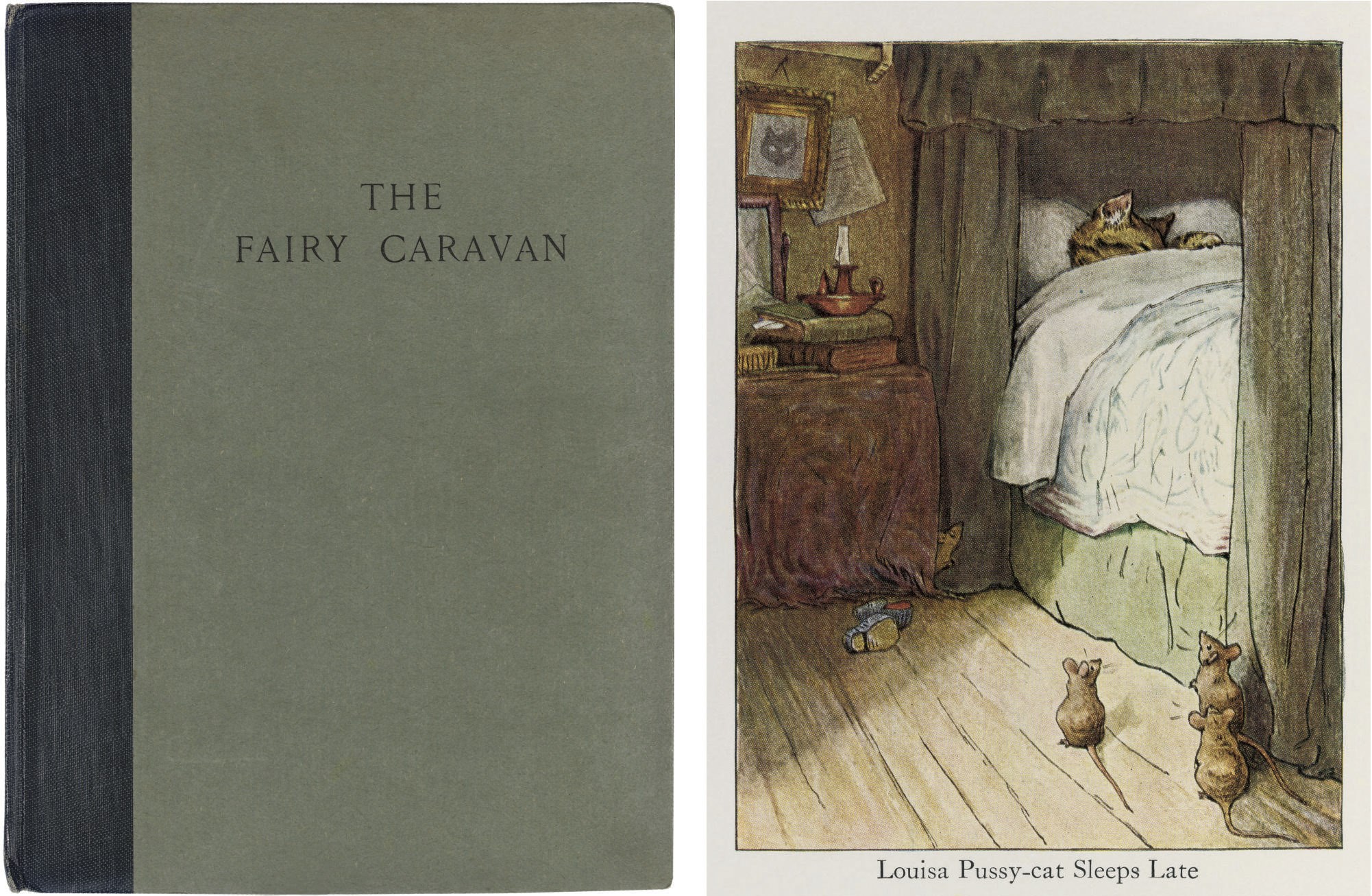 POTTER, Beatrix (1866-1943).  The Fairy Caravan by Beatrix Heelis ("Beatrix Potter"). Copyright of the Author. Philadelphia [and Ambleside]: Privately Printed, 1929. 4° (225 x 175mm). Half title, coloured frontispiece, 5 coloured plates and illustrations by Beatrix Potter, many full-page. Original printed green paper boards backed in darker green cloth, partly unopened, uncut (corners of spine very lightly rubbed, very faint scuff marks to upper cover). A VERY FINE COPY OF THE FIRST AND PRIVATELY-PRINTED EDITION, ONE OF 100 COPIES with the first 9 leaves printed at Ambleside.