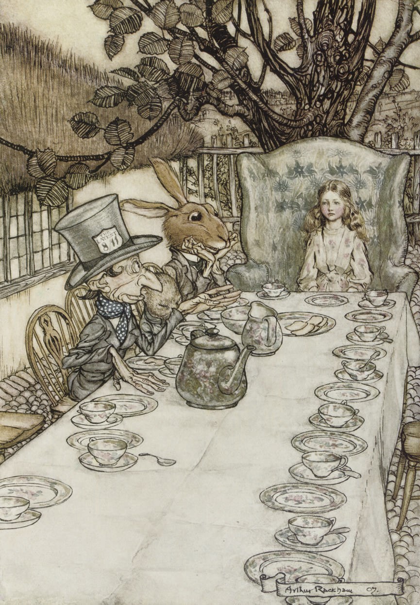 RACKHAM, Arthur (1867-1939, illustrator) -- [Charles Lutwidge DODGSON (1832-98)] ie. "Lewis Carroll."  Alice's Adventures in Wonderland ... With a Proem by Austin Dobson. London: William Heinemann, [1907]. 4°. Half title, pictorial title, 13 mounted coloured plates by Arthur Rackham, illustrations. Original cream pictorial cloth gilt, top edges gilt, others uncut (a few very faint stains). Provenance: C. R. L. E. Harvey (bookplate). NUMBER 402 OF 1,130 COPIES. Avery 18; Hudson p.168; Latimore & Haskell p.28; Riall p.77.