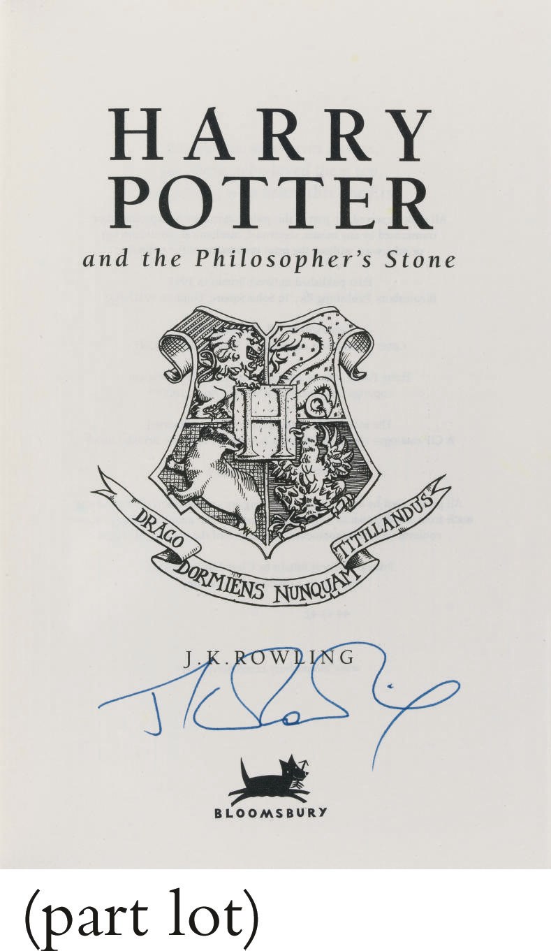 ROWLING, J. K. (b.1965).  A Complete Set of the Harry Potter novels comprising Harry Potter and the Philosopher's Stone, Harry Potter and the Chamber of Secrets, Harry Potter and the Prisoner of Azkaban, Harry Potter and the Goblet of Fire, Harry Potter and the Order of the Phoenix, Harry Potter and the Half-Blood Prince and Harry Potter and the Deathly Hallows. London: Bloomsbury, [n.d., but reprints, except the last which is a FIRST EDITION]. 7 volumes, 8°. Half titles. Original coloured pictorial boards, dust-jackets (dust-jackets to Goblet of Fire and Order of the Phoenix with slits of backstrips). Contained in the original publisher's coloured pictorial box. Reprints. EACH NOVEL SIGNED BY THE AUTHOR ON THE TITLE PAGE. Included in the lot is a one-page typed letter, signed, from the author to the vendor, relating to the gift of these signed copies.	 (8)