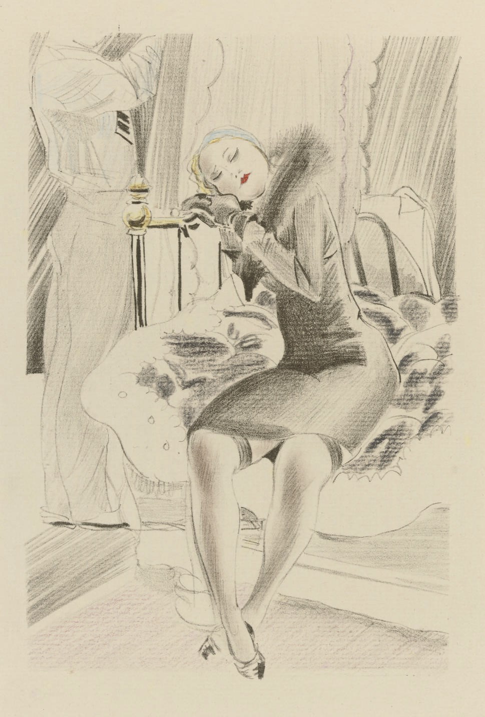EROTICA -- ["ROJAN" ie. Fedor ROJANKOWSKI (fl.1920-30s)].  Idylle printanière. [Paris: 1933]. 4° (325 x 250mm). Title and 30 hand-coloured lithographed plates by Fedor Rojankowski in window mounts, loose as issued in original cloth-backed portfolio, ties (portfolio rather worn). NUMBER 332 OF 516 COPIES "SUR VERGE TEINTE D' ARCHES".