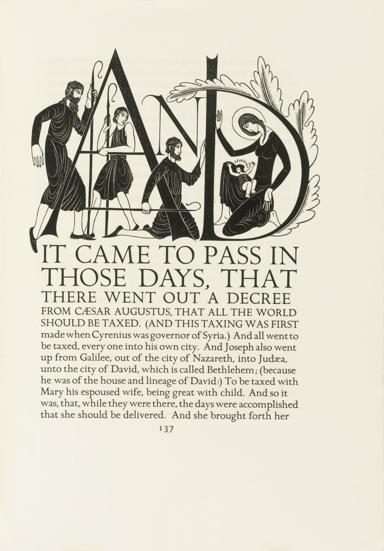 GOLDEN COCKEREL PRESS -- The Four Gospels of the Lord Jesus Christ according to the Authorized Version of King James I. Waltham St Lawrence: Printed by Robert and Moira Gibbings at the Golden Cockerel Press, 1931. 2° (330 x 235mm). Woodcut illustrations, decorations and initials by Eric Gill. Original half pigskin gilt, top edges gilt, others uncut (a few spots, corners lightly bumped), later morocco-backed box. NUMBER 126 OF 500 COPIES.