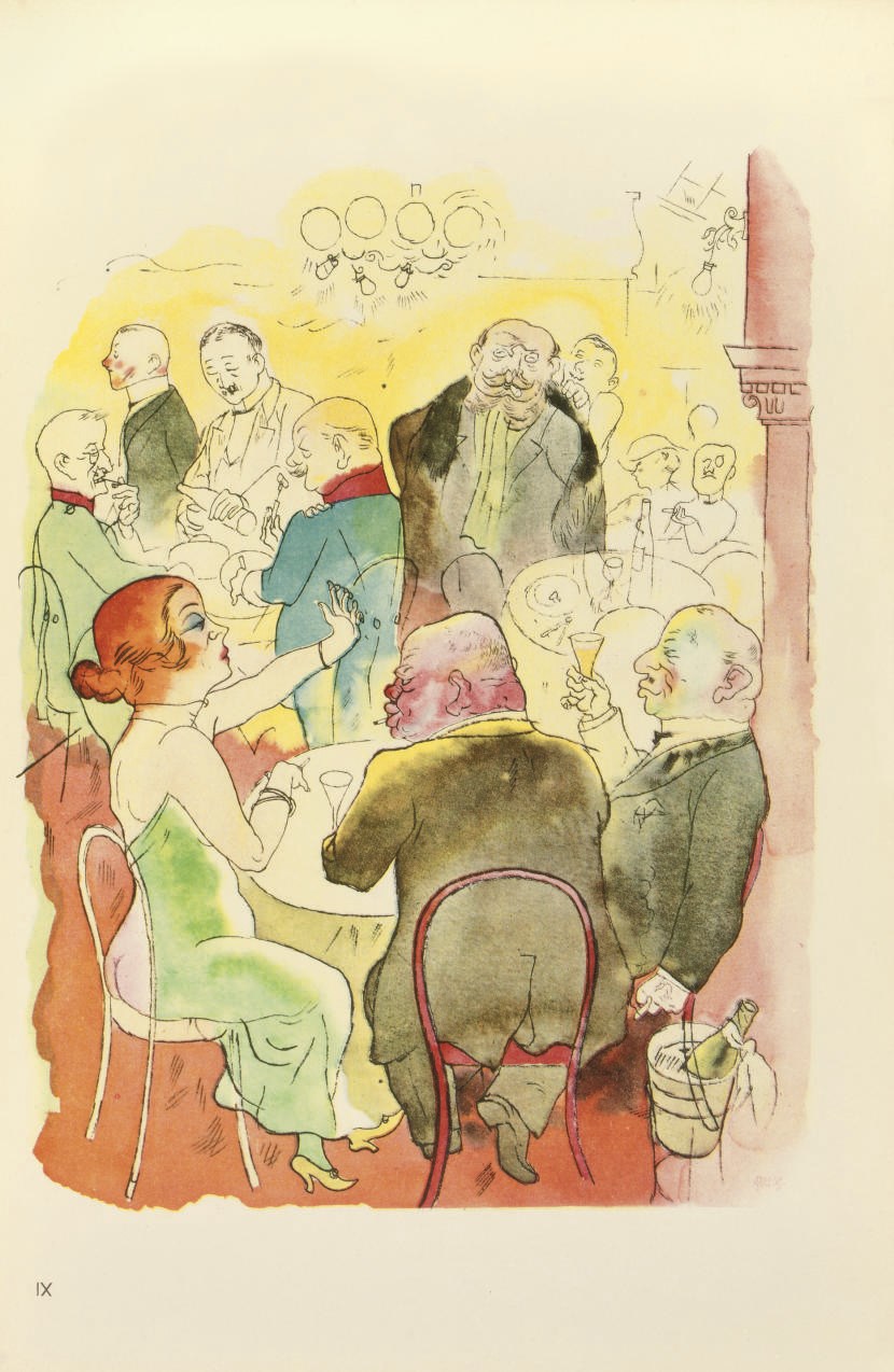 GROSZ, George (1893-1959).  Ecce Homo. Berlin: Der Malik-Verlag, [1923]. 2° (353 x 260mm). Title printed in red and black, 16 coloured and 84 uncoloured lithographed plates by George Grosz. Original pictorial wrappers (backstrip torn at foot, a few light stains). FIRST EDITION, "Ausgabe C."