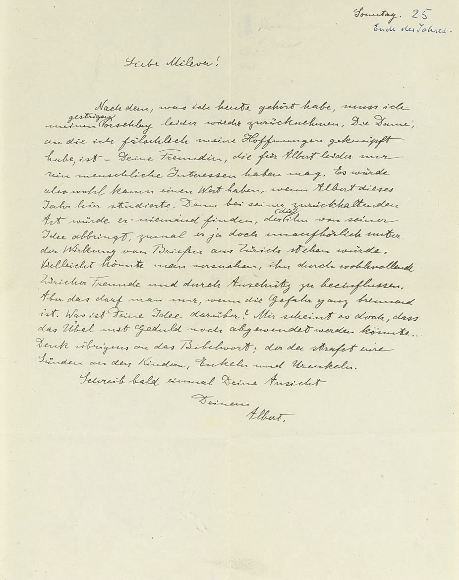 EINSTEIN, Albert (1879-1955). Autograph letter signed ('Albert') to his first wife, Mileva, n.p., 'Sonntag' n.d. [annotated '25 Ende des Jahres'], one page, 4to.