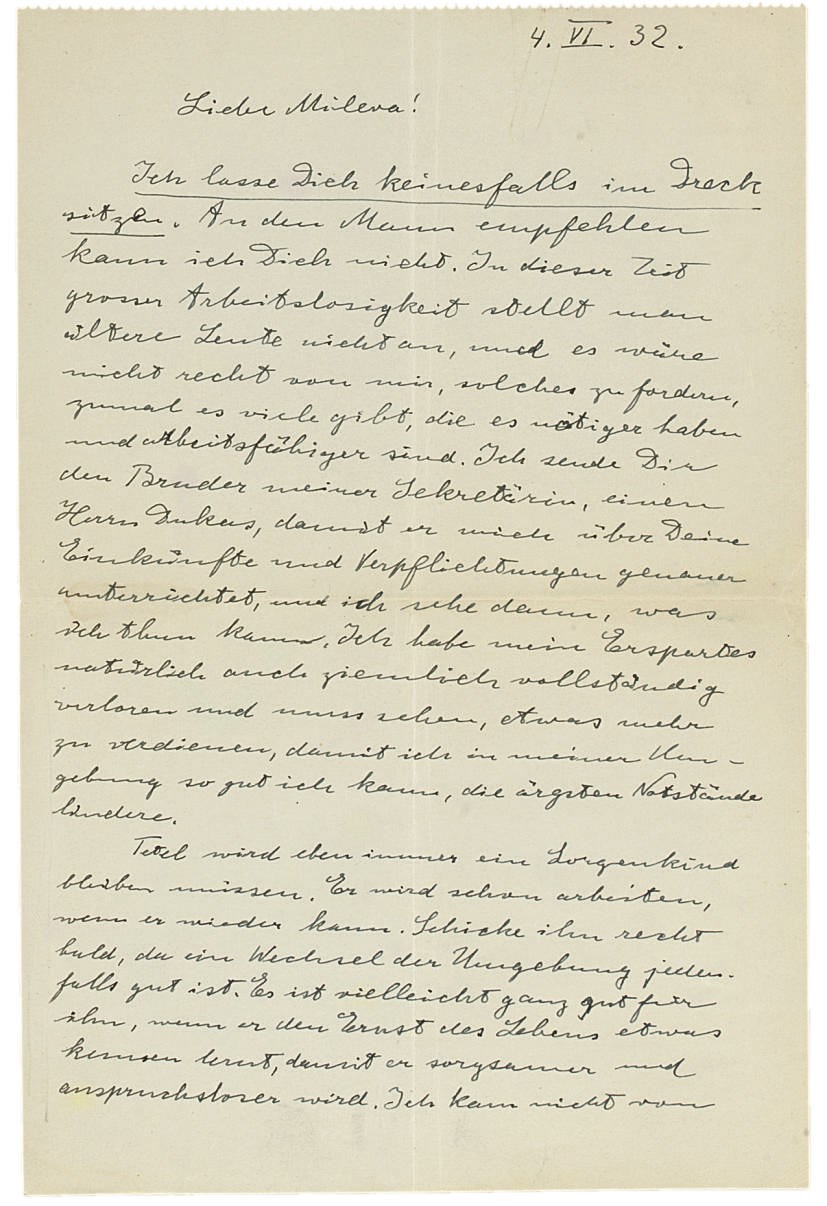 EINSTEIN, Albert (1879-1955). Autograph letter signed ('Albert') to his first wife, Mileva, n.p., 4 June 1932, 1½ pages, 8vo.