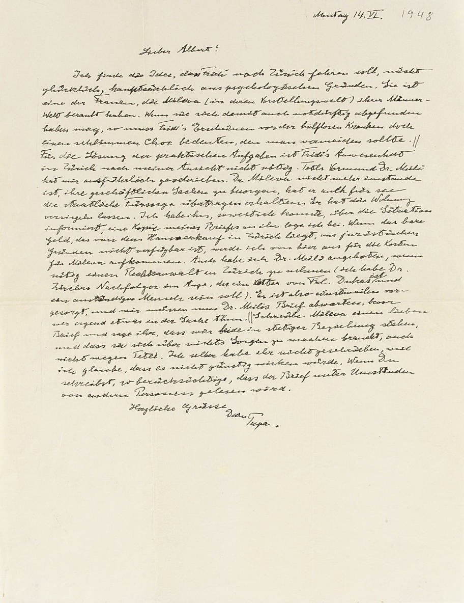 EINSTEIN, Albert (1879-1955). Autograph letter signed ('Papa') to his elder son, Hans Albert, n.p., 14 June [1948], one page, 4to (a few minor pencil markings).