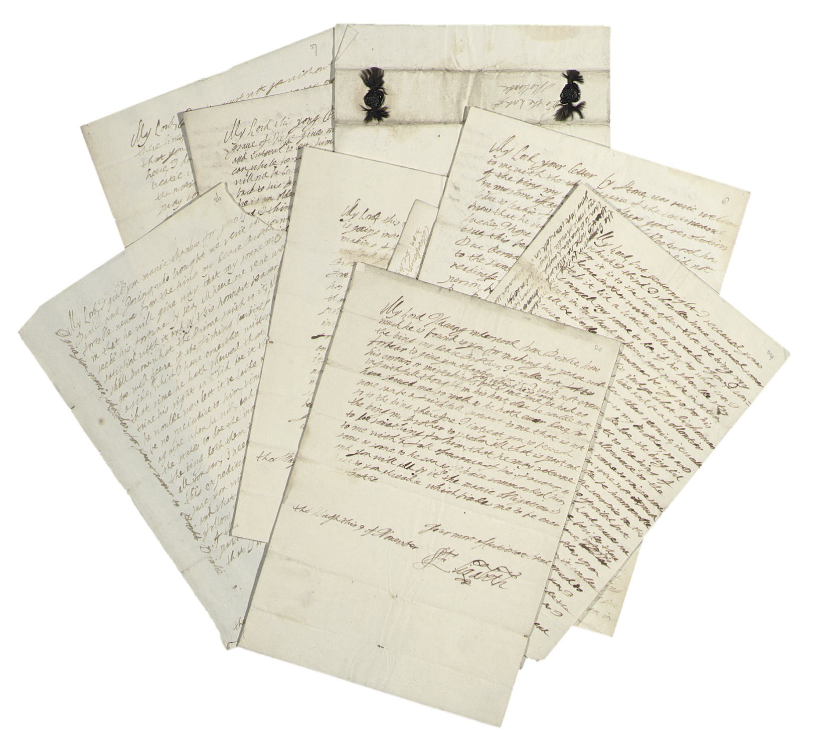 ELIZABETH (1596-1662, 'the Winter Queen'), wife of Frederick V of Bohemia, Elector of Palatine. Series of nine autograph letters signed ('your most affectionate frend Elizabeth') to Henry Rich, 1st Earl of Holland, The Hague, 18 August n.y. [1636] - 16 November n.y. [1637?], 10½ pages, folio, address leaves, seals, contemporary endorsements (tear in upper right corner of one letter with loss of several words, slight fading of occasional words without loss of legibility). Provenance: Phillips sale, 16 June 1983, lot 500; the Spiro Family Collection -- Christie's sale, 3 December 2003, lot 65; the Albin Schram Collection.