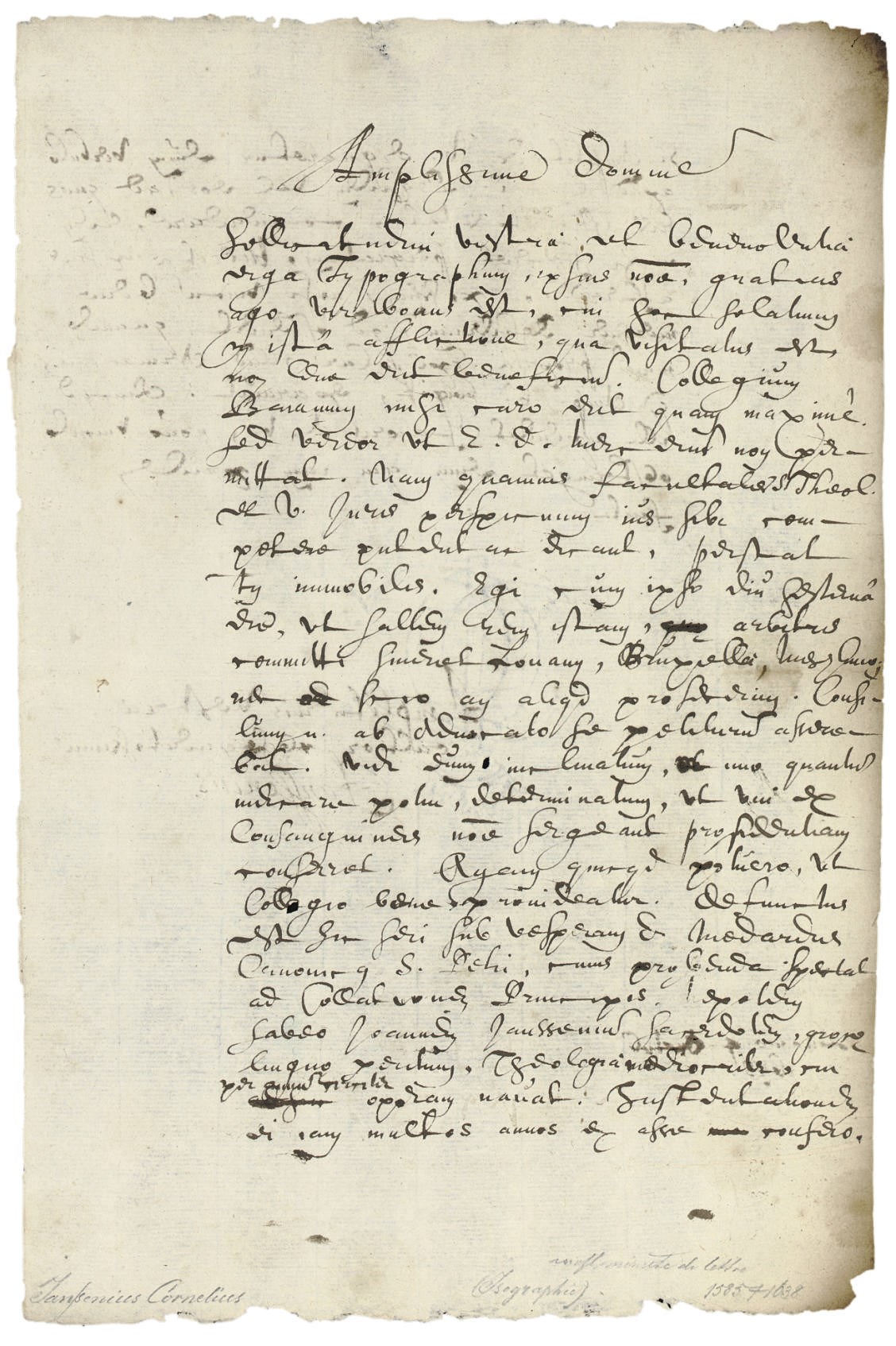 JANSEN, Cornelius (1585-1638, father of Jansenism). Autograph letter (possibly a draft, the signature 'C. Janssenius' apparently added in another hand) to Gerard de Courselle (Corselius), Louvain, 4 October 1635, in Latin, 1½ pages, folio (browning to right edge). Provenance: Stargardt sale, 18 May 1997, lot 545; the Albin Schram Collection.
