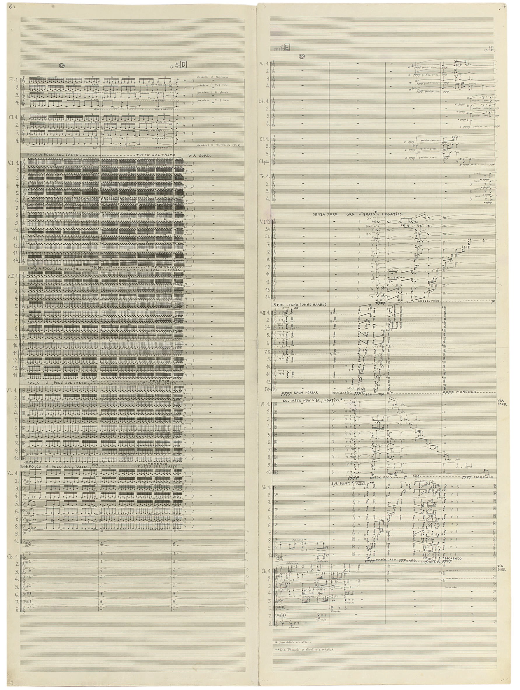 LIGETI, György (1923-2006). Autograph music manuscript, 'Atmosphères  für grosses Orchester ohne Schlagzeug  Kompositionsauftrag des Südwestfunks, Baden-Baden  1961', with a note on the performance timing, giving a minimum total duration of 8'34", though 'The piece can be played more slowly (ideal total duration 9' - 9'30")', the calligraphic manuscript prepared for the press, in German, in pencil, title and 23 pages, double-folio (822 x 303mm), the leaves formed from two attached folio leaves (some pin holes to margins), typescript performance instructions, particularly for the execution of the piano parts, which are to be played using jazz brushes by two performers standing either side of an open grand piano, on 1¼ leaves, folio, laid down on title, paper wrappers; together with the printed score by Universal Edition [1963], 2nd impression, including a reduced facsimile of the present manuscript, and another edition, in a blue cloth case.