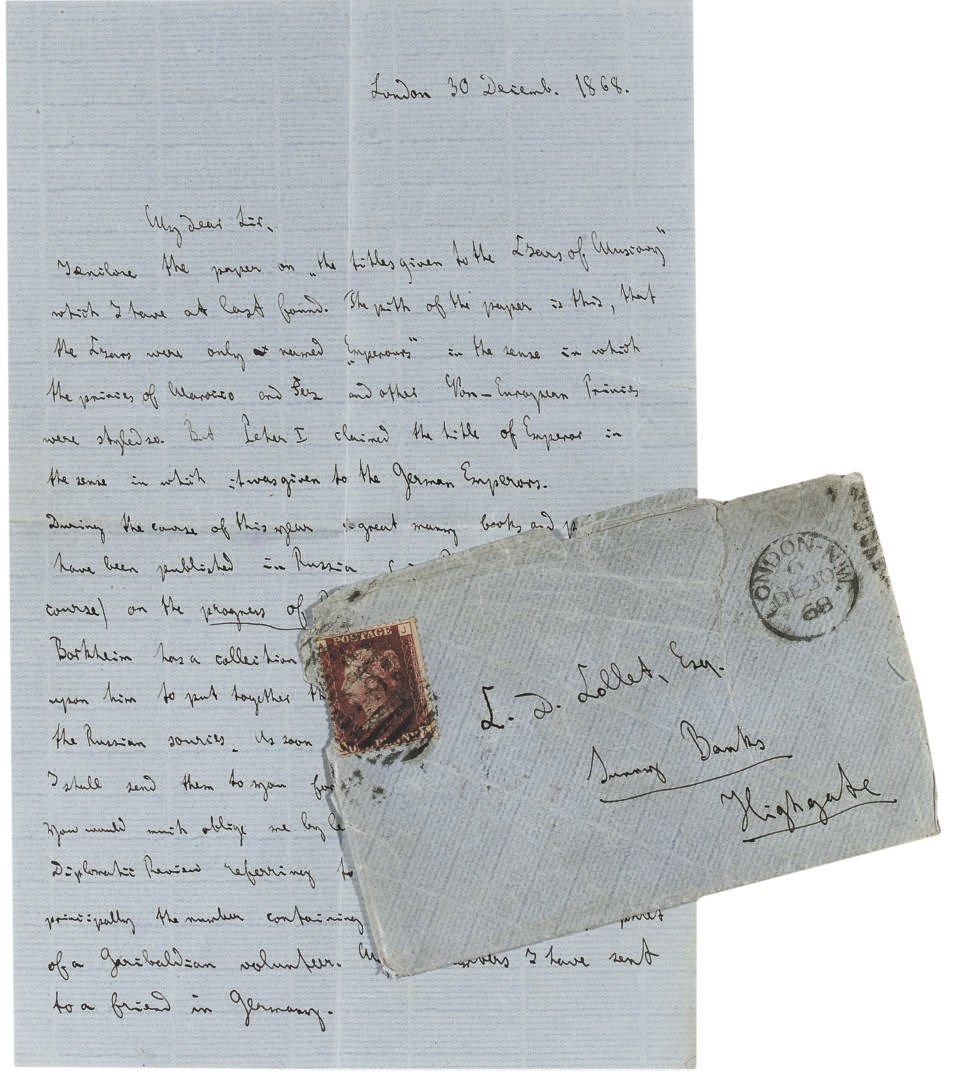 MARX, Karl (1818-1883). Autograph letter signed ('Karl Marx') to Collet Dobson Collet ('My dear Sir'), London, 30 December 1868, in English, 1¼ pages, 8vo (209 x 133mm), bifolium, on blue paper (short tear to right margin), envelope (worn).